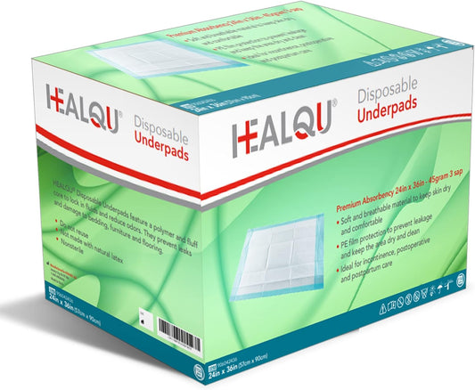 Healqu Disposable Underpads - Incontinence Bed Chux Pads for Adults, Kids, Elderly, and Pets - Fluid and Urine Bed Protection - Large, Super Absorbent Fluff and Polymer (24x36 Case of 150)