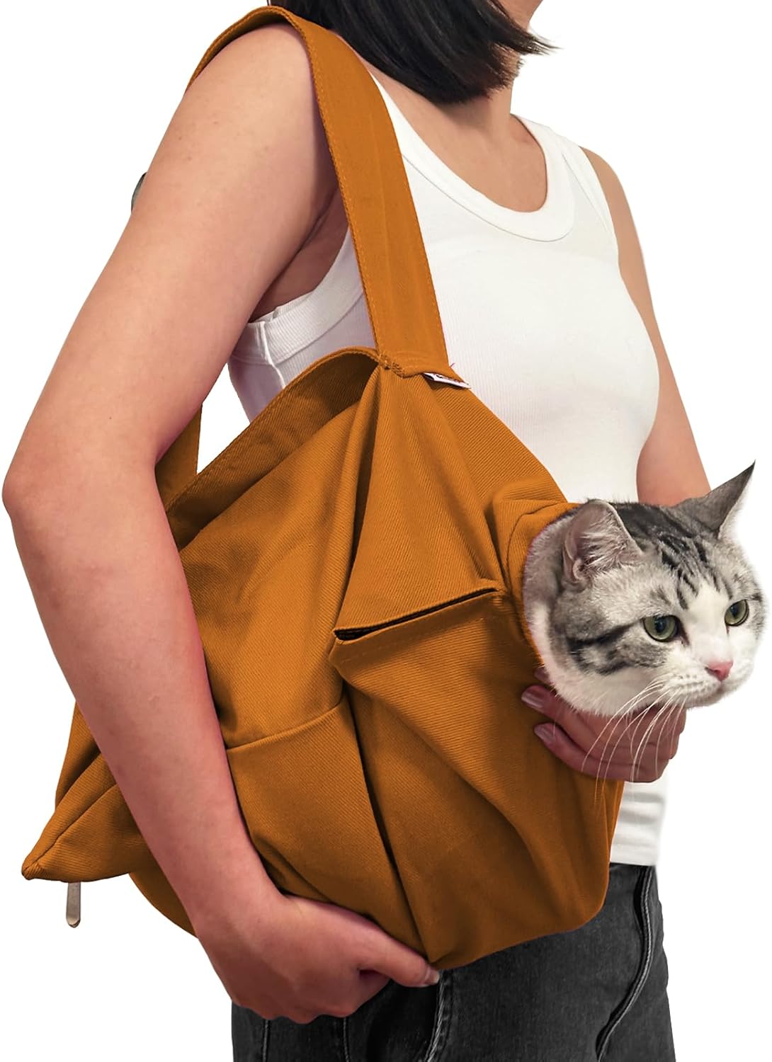 [Cozy Travel] Cat Carrier Pouch, Soft Sided Cat Sling Bag for Small Medium Cats, Carrying Sack, Restraint for Nail Trimming, Grooming,Caramel Small Upgrade