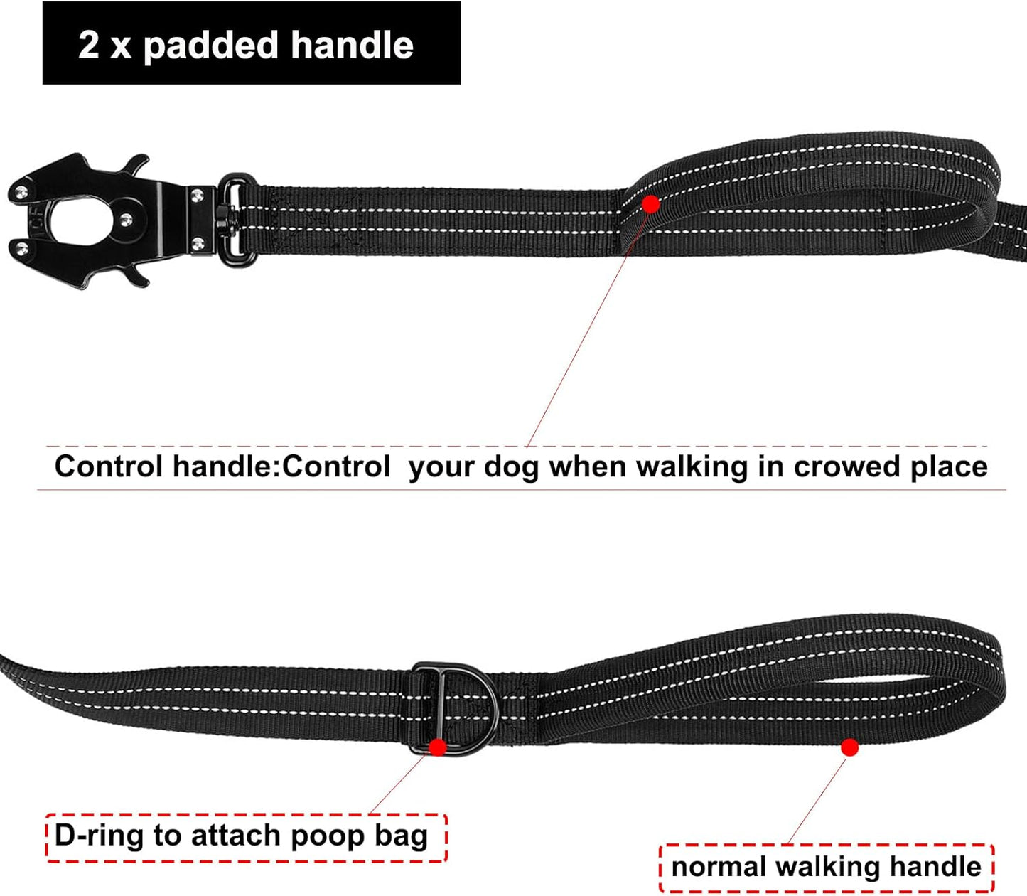 ICEFANG Tactical Dog Leash,K9 Training Walking Bungee Lead with 2 Control Handle,Heavy Duty Quick Release Metal Clasp,Hands Free D-Ring for Medium Large Dogs (4ft,Reflective Black)