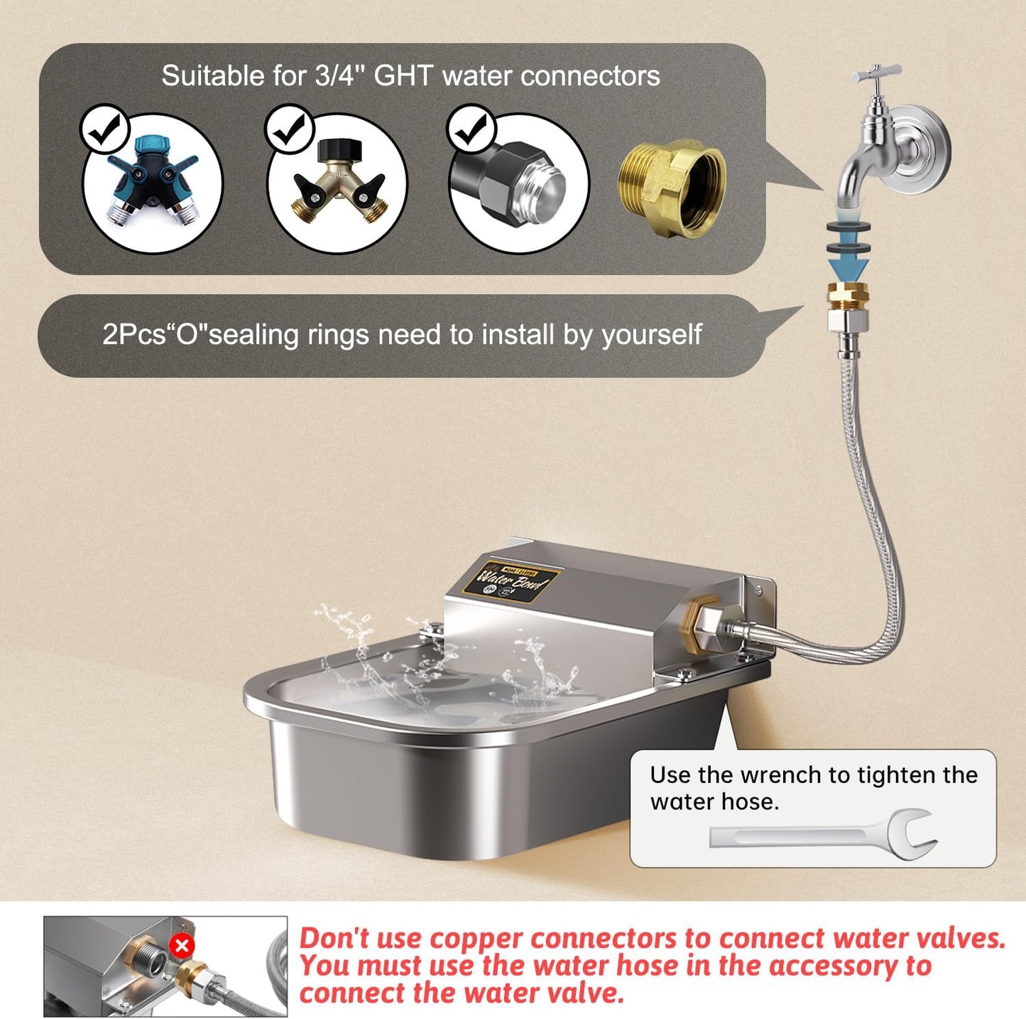 Automatic Water Dispenser for Dogs, Patented 3L Outdoor Dog Drinking Water Bowl, Stainless Steel Waterer Feeder Suitable for Chicken Livestock Animal,Fit 3/4'' GHT Faucet, Wall-Mounted, Easy to Clean