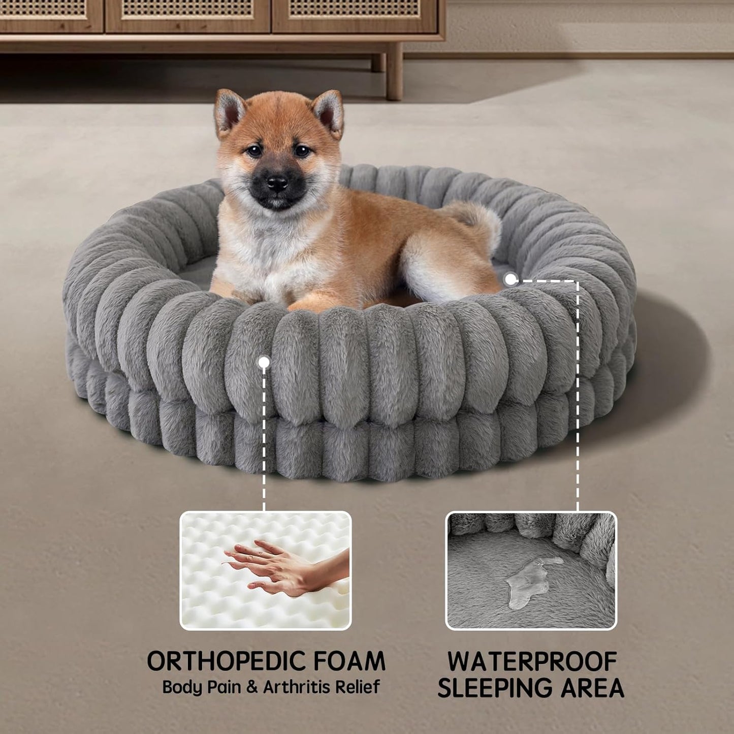 BALANCE Luxury Donut Dog Bed, 30 Inches Round Dog Bed Medium Size Dogs Washable, Orthopedic Calming Dogs Bed for Pets with Anti-Slip Bottom, Gray
