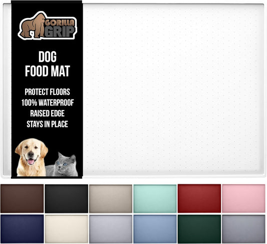 GORILLA GRIP 100% Waterproof Raised Edge BPA Free Silicone Pet Feeding Mat, Dog Cat Food Mats Contain Spills Protects Floors, Placemats for Cats and Dogs Water Bowl, Pets Accessories 16x10, White