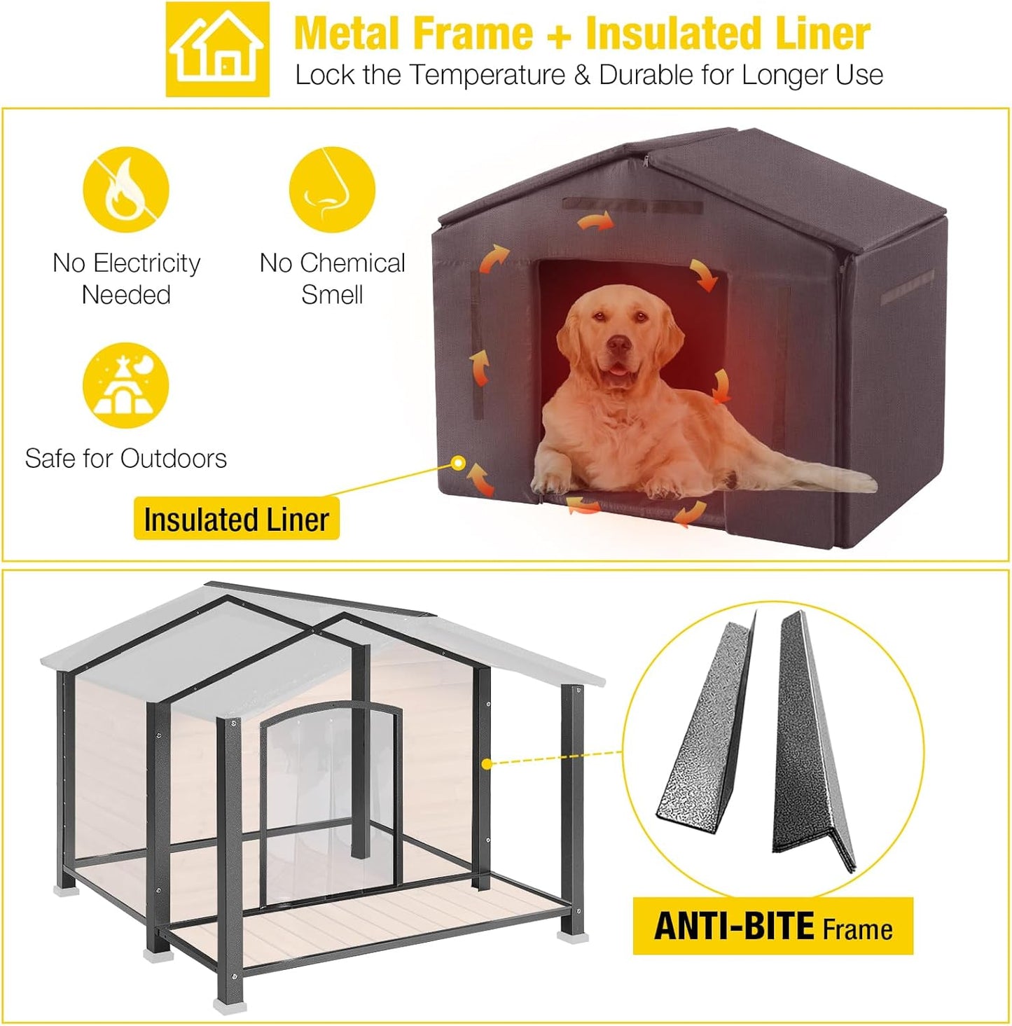 Aivituvin Outdoor Dog House with Chewproof Strong Metal Frame Insulated Outside Dog Kennel Weatherproof for Medium to Large Dogs, (41.5" L x 41.4" D x 34.1" H)