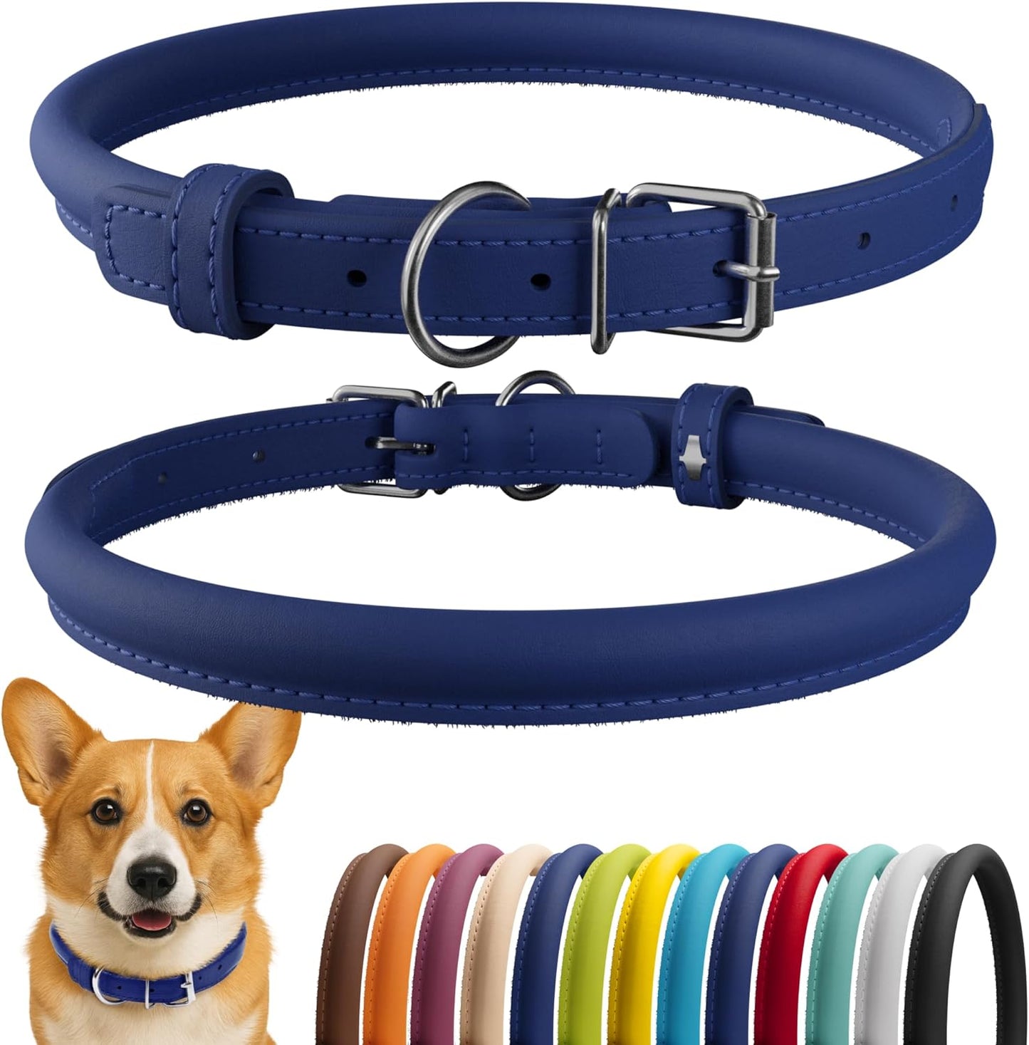 CollarDirect Rolled Leather Dog Collar, Soft Padded Round Puppy Collar, Handmade Genuine Leather Collar Dog Small Large Cat Collars 13 Colors (11-14 Inch, Deep Blue Smooth)