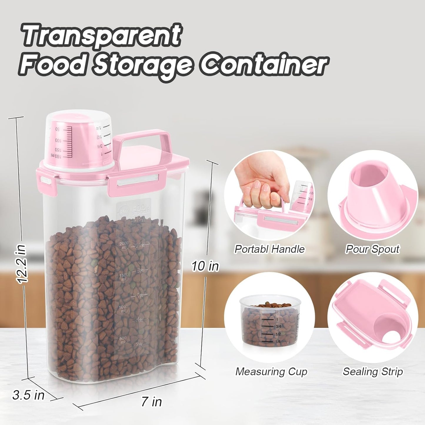 Dog Food Storage Container, Upgraded Large Nozzle BPA-free, 8-12 LBS Plastic Pet Food Storage Containers, With 4 Sealed Clasps, 1 Measuring Cup and Handle (2, Light Pink (3L+5L), (3L+5L))