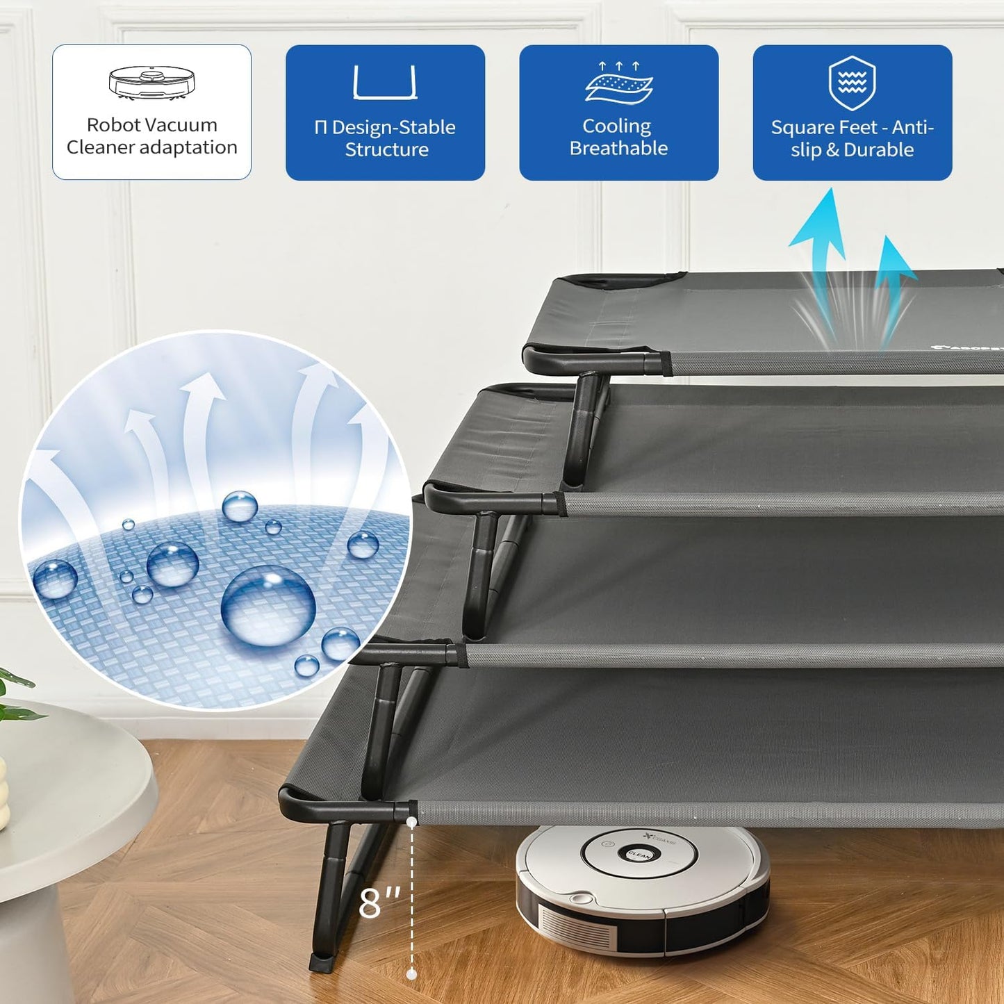 Elevated Dog Beds Extra Large Raised Dog Cots Outdoor Dog Bed Waterproof Pet Cots Stable and Easy Assembly, Teslin Fabric with 1.2mm Thick Iron Frame, Breathable, Ultra-Sturdy，Grey, 54*37*8.7