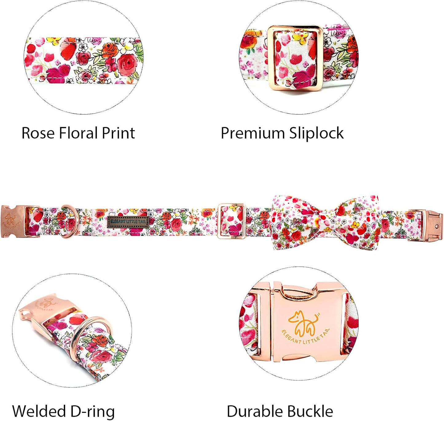 Elegant little tail Dog Collar, Pink Rose Print Pet Collar Summer Dog Collar Durable Metal Buckle Dog Collars Cotton Pet Adjustable Dog Collars for X-Large Dogs