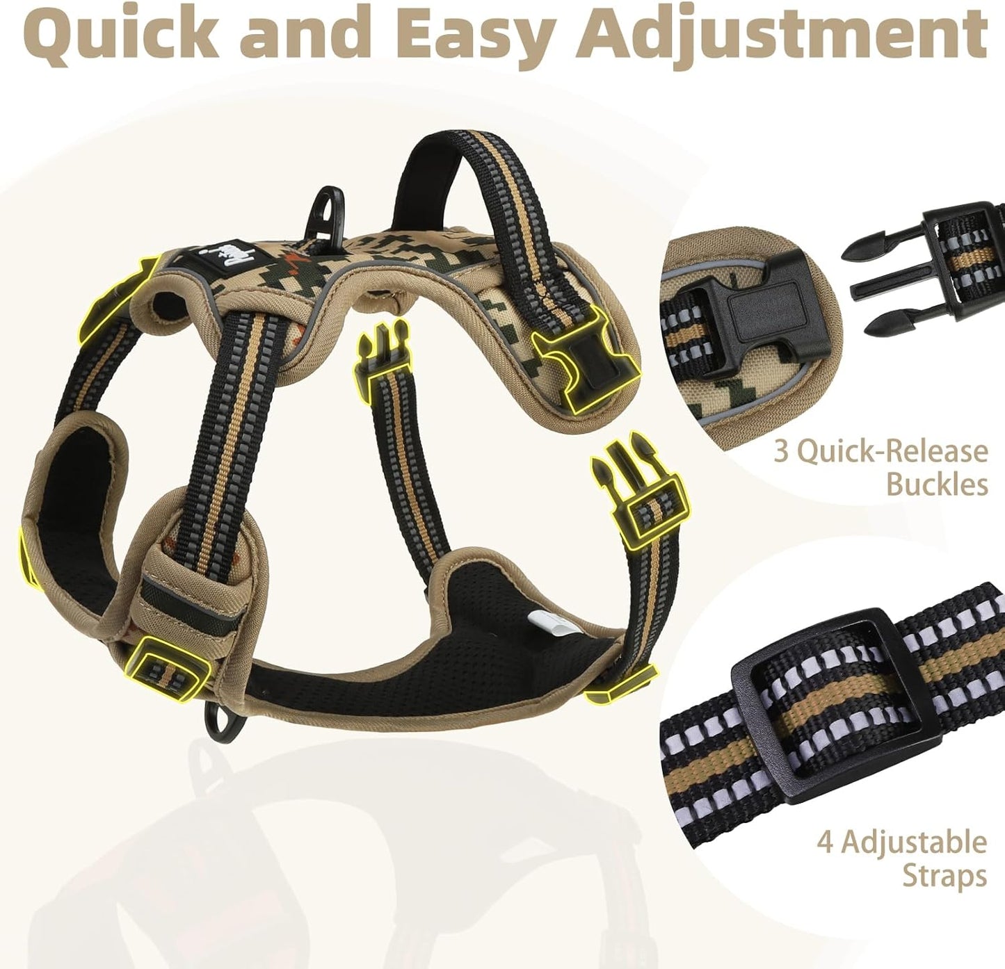 PUPTECK No Pull Dog Harness Medium Sized, Adjustable Reflective Dog Harness with Handle Easy Control, Comfortable Soft Padded Pet Vest Harness for Medium Dogs, Camouflage M