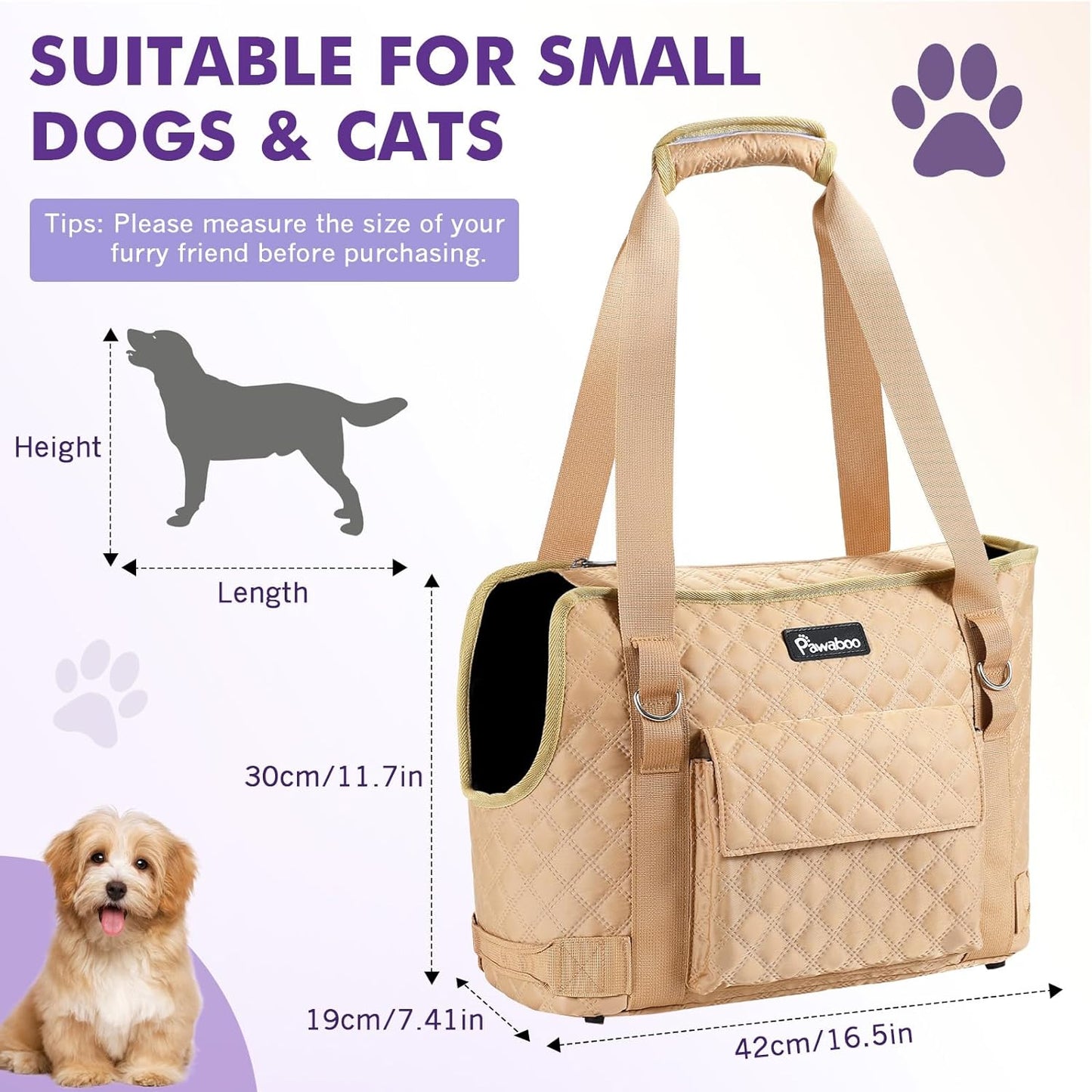 Pawaboo Dog Purse Carrier for Small Dogs with Pocket, Lightweight Dogs and Puppies Tote Bag Carrier, Dog Carriers Soft Sided for Puppy Cat Rabbit, Shopping Travel Puppy Carriers Under 11 LBS, Khaki