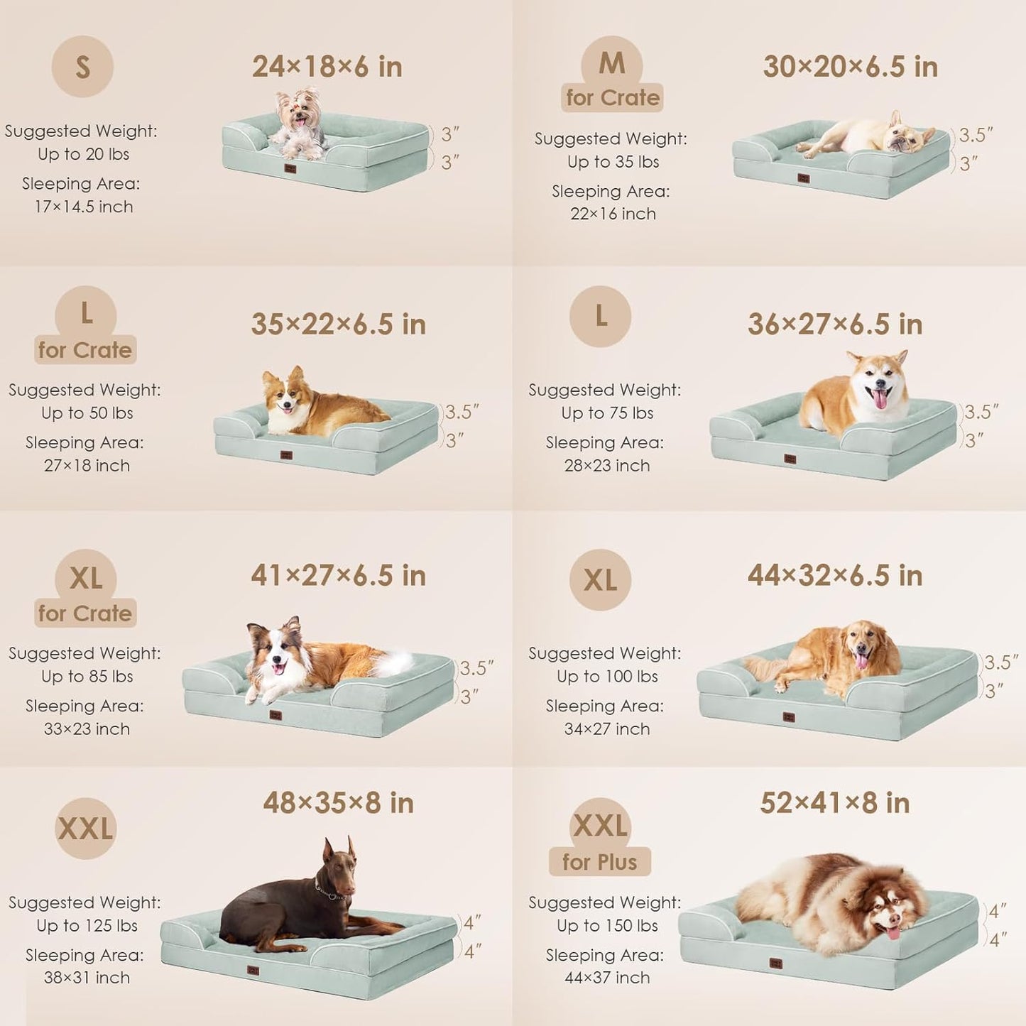 EHEYCIGA Orthopedic Large Dog Bed, Waterproof Memory Foam, Non-Slip Bottom, Sage Green, 36"L x 27"W x 6.5"Th