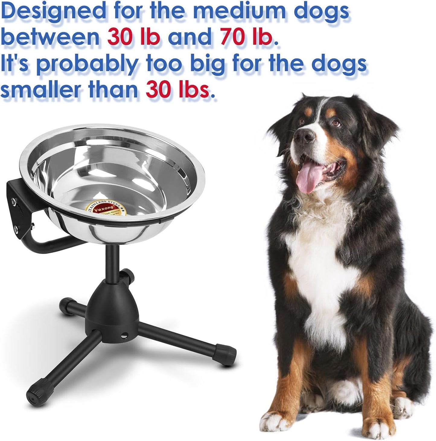 Elevated Dog Bowl with Adjustable Metal Stand, Medium Size for Dogs 30-70 lbs, 0.5 Gal 2 Liter, Stainless Steel Food & Water Bowl Set