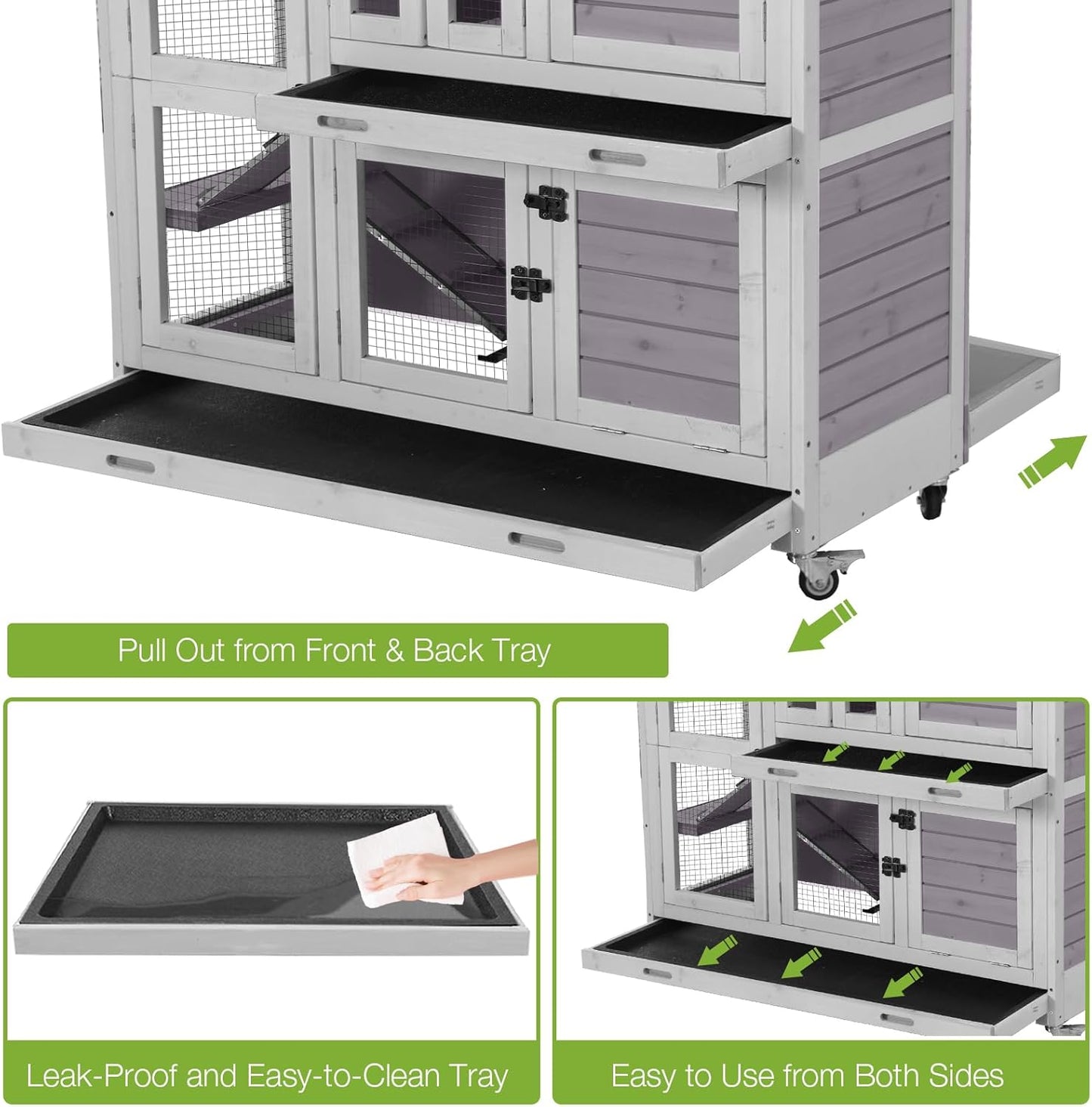GUTINNEEN Large Rabbit Hutch Indoor with Chew-Proof Ramp, 47" Wooden Bunny Cage Guinea Pig Cages with Casters, Leak-Resistant Trays for Rabbits, Guinea Pigs, Small Animals