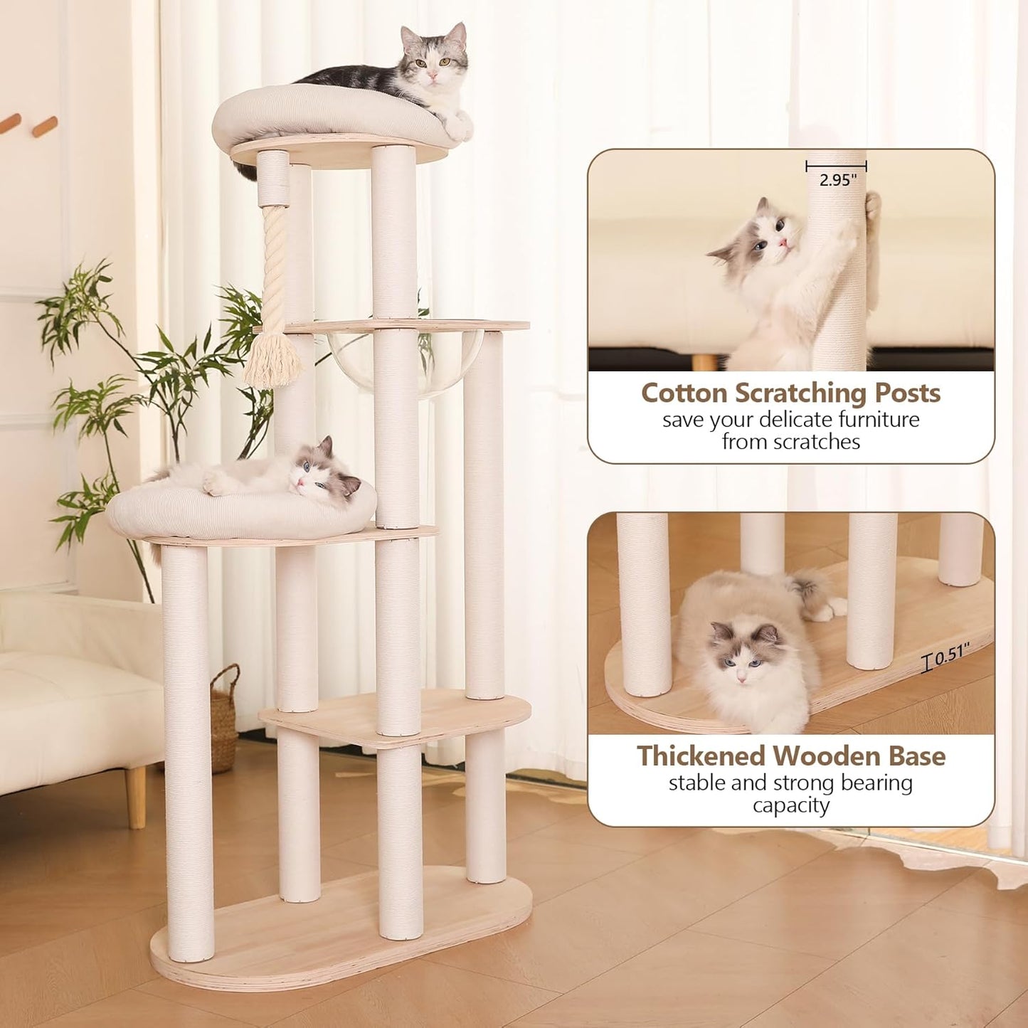 59" Modern Cat Tree Multi-Level Large Cat Tower Heavy Duty Cat Tree with Hammock,Cotton Scratching Post and Washable Cushions