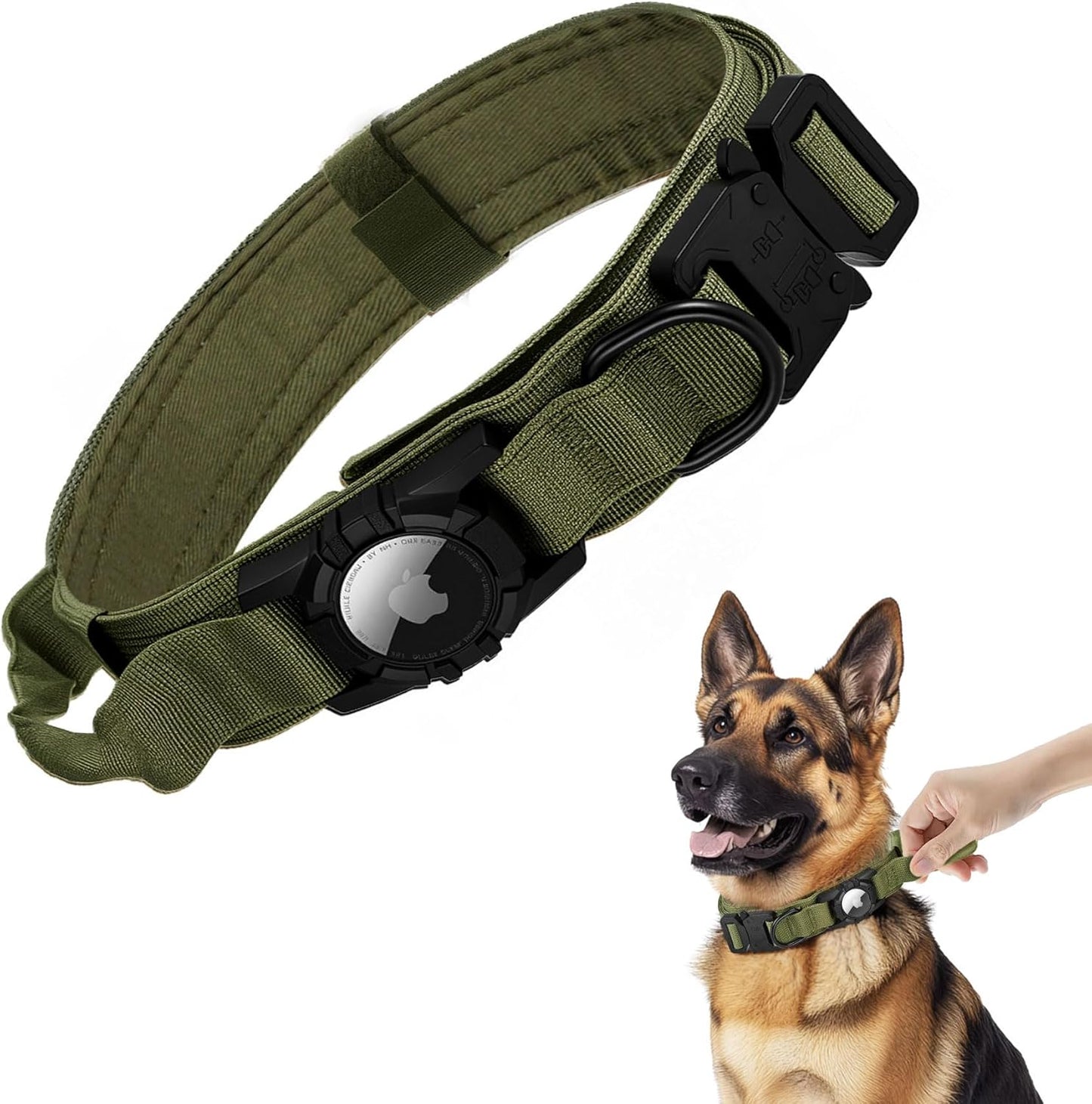 Tactical AirTag Dog Collar - Heavy Duty, Adjustable GPS Collar Compatible with Apple AirTag, with Holder & Control Handle for Medium/Large Dogs [ Green, M ]