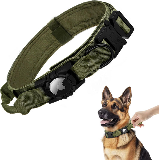 Tactical AirTag Dog Collar - Heavy Duty, Adjustable GPS Collar Compatible with Apple AirTag, with Holder & Control Handle for Medium/Large Dogs [ Green, XL ]