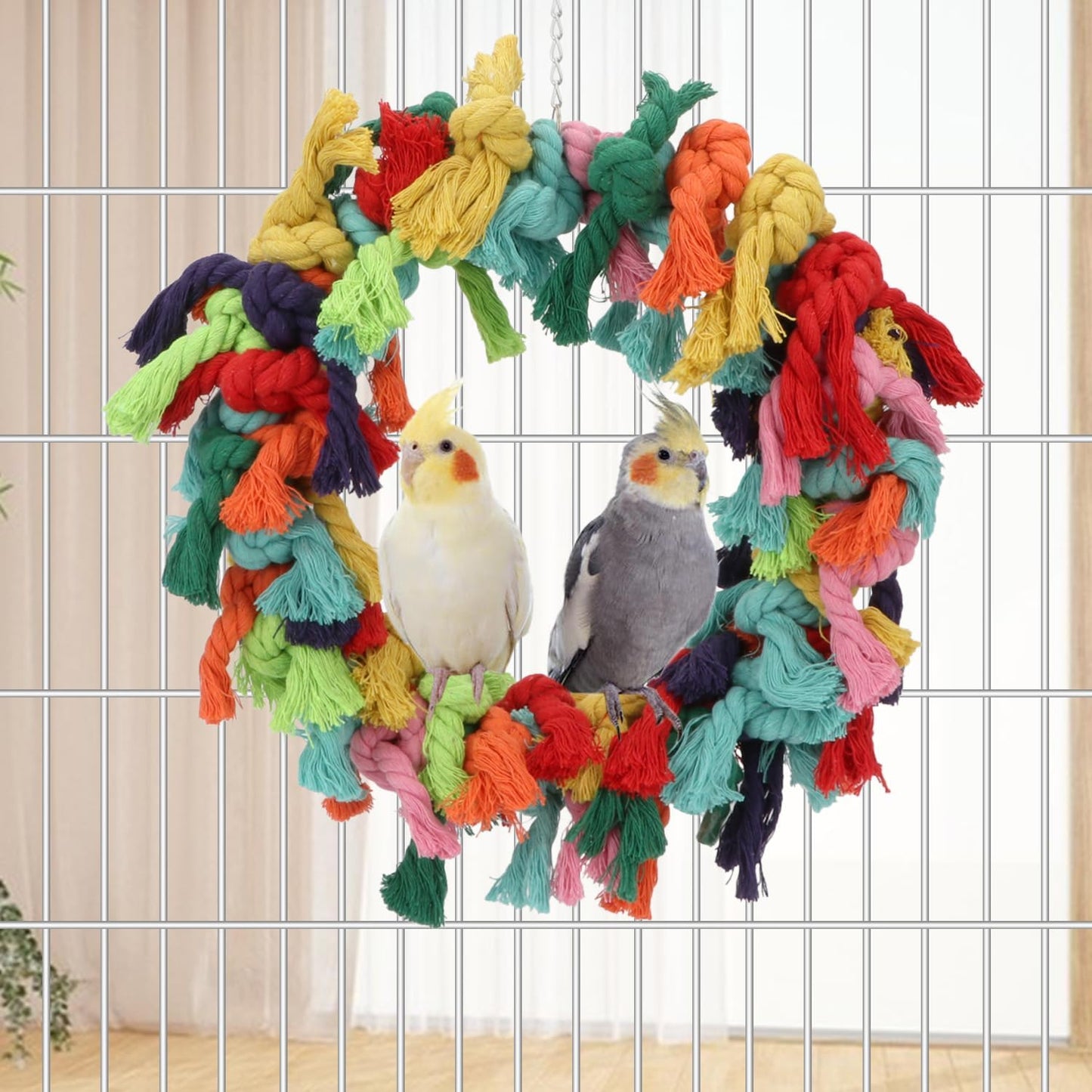 Bird Colorful Cotton Rope Hanging Ring Parrot Preening Grooming Chew Climb Biting Toy for African Grey Cockatoo Conure Parakeet