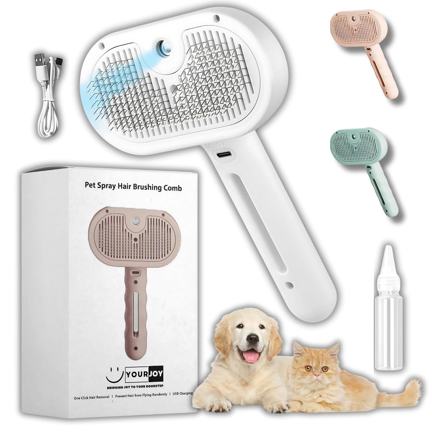 4 in 1 Cat Steam Brush: steam brush for cats, Grooming, Shedding, Mist Spray, Hair Removal Comb & Massager, USB Rechargeable Self Cleaning cat steam brushes for indoor cats - White