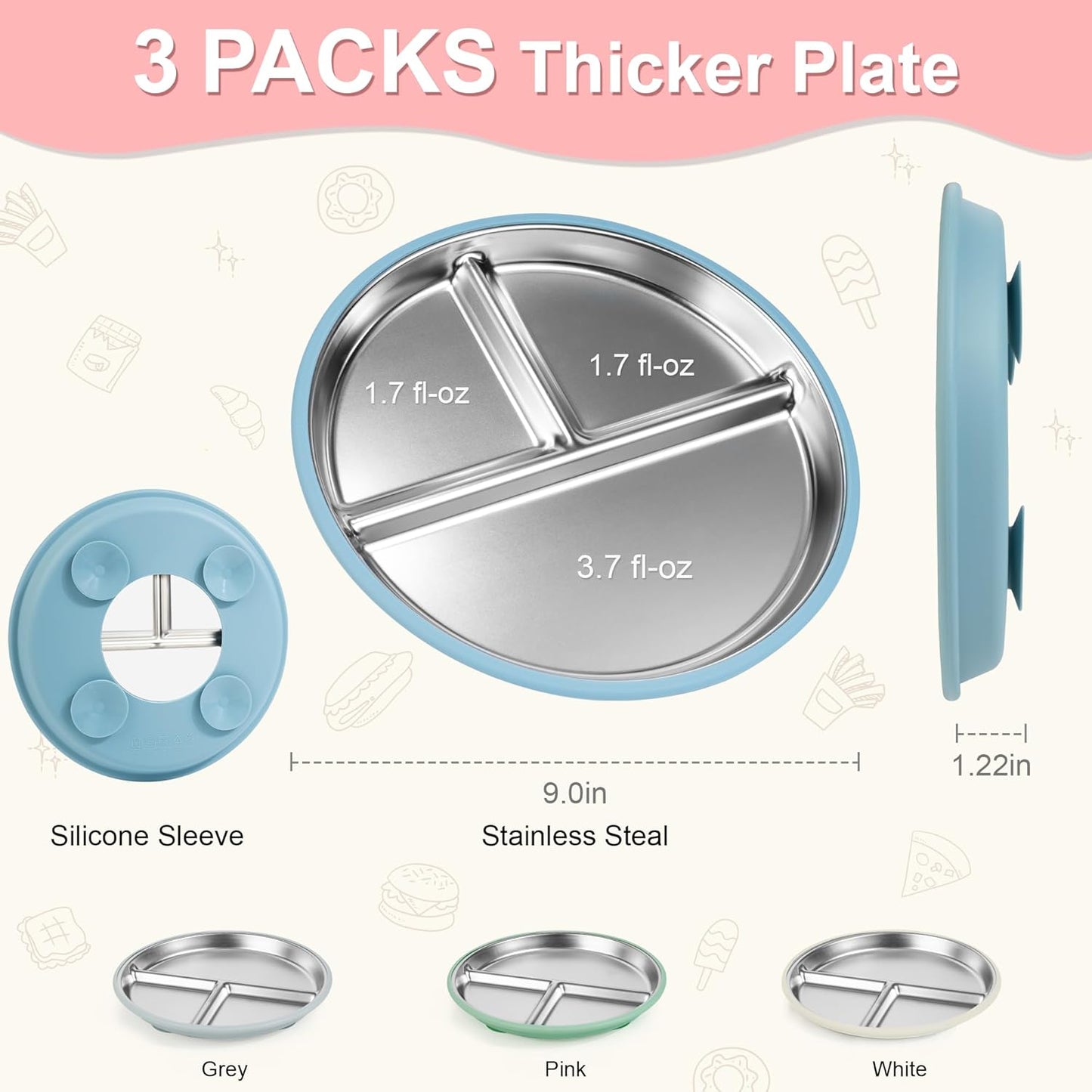 Bella’s Friends Stainless Steel Baby Plates with Suction 3 Pack, 9” Divided Toddler Plates with Removable Silicone Sleeves for Mess-Free Feeding, Non-Toxic, Non-Slip, Dishwasher Safe, Gray,White,Green