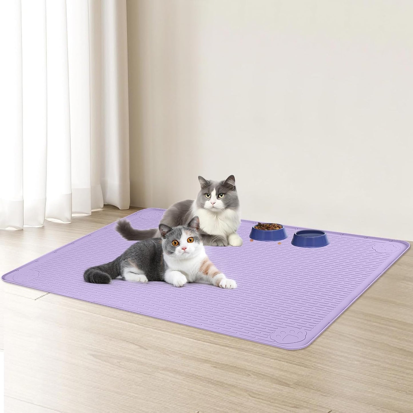 Cat Food Mat, 40" x 28" Extra Large Silicone Pet Feeding Mat with Raised Edge Pet Placemat for Food and Water Bowl Non-Slip, Easy to Clean, Floor Protection (Purple)