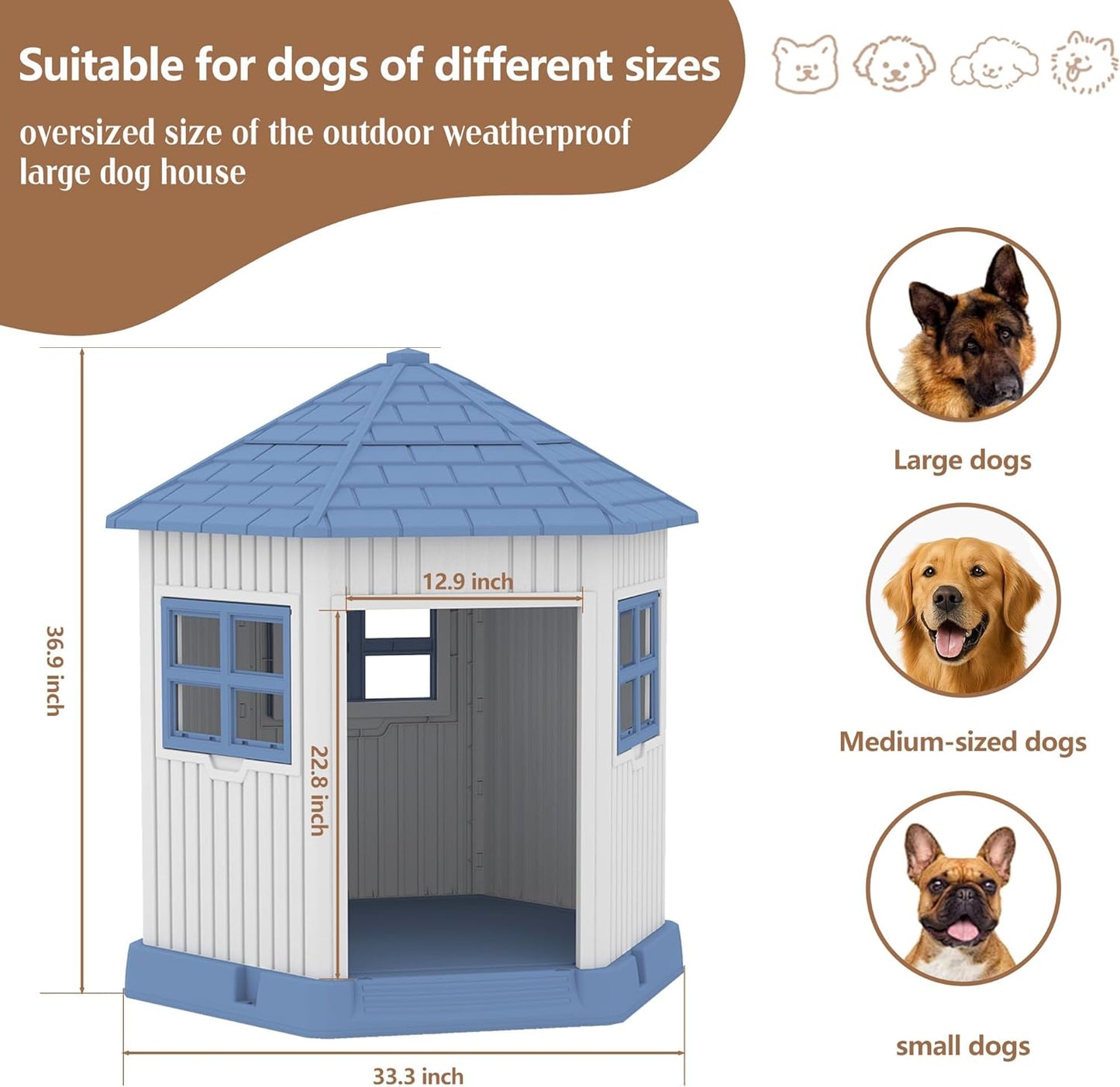 DRATO Dog House Indoor Outdoor Durable Large Dog Shelter with Outside Dog Kennel with Window and Elevated Floor for Small Medium Dogs (Blue, 34.8 * 30.51 * 36.89)