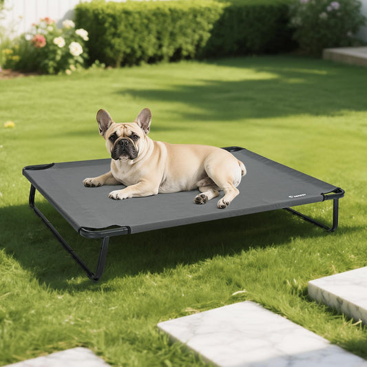 Cooling Elevated Dog Bed, Raised Outdoor Dog Bed Waterproof Pet Beds Cots Stable and Easy Assembly, Teslin Fabric with 1.2mm Thick Iron Frame, Breathable, Ultra-Sturdy，Grey,32 * 25.2 * 7.1