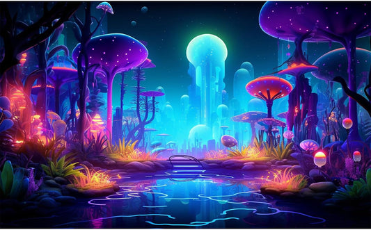 Fantasy Forest Aquarium Background Mysterious Plants Abstract Mushrooms Cartoon Style Forest Terrarium Backdrop Tranquil Stream Fish Tank Background Wallpaper Poster Decor Vinyl 36x24in