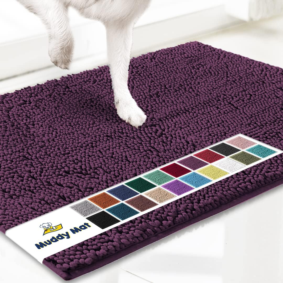 Muddy Mat® AS-SEEN-ON-TV Highly Absorbent Microfiber Door Mat and Pet Rug, Non Slip Thick Washable Area and Bath Mat Soft Chenille for Kitchen Bedroom Indoor and Outdoor - Dark Purple 24" x 72"