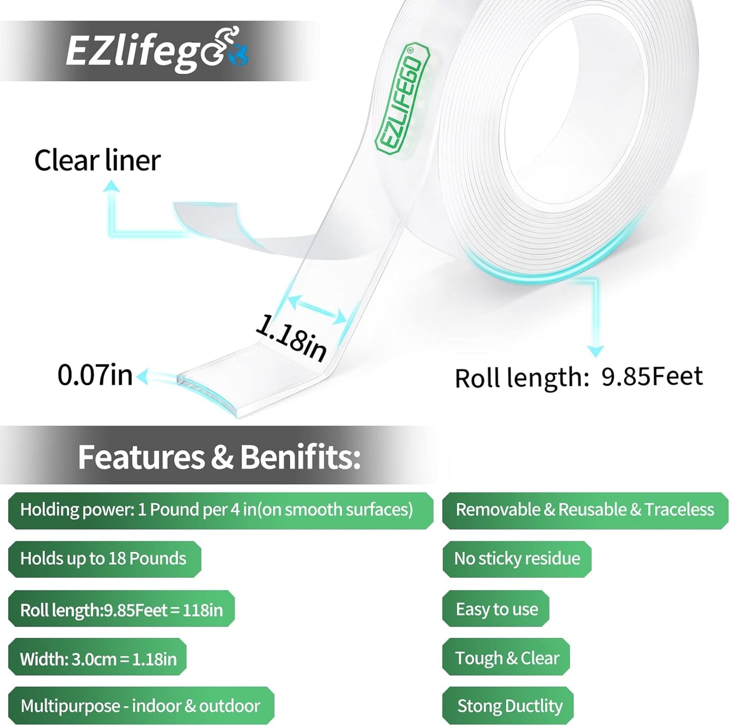 EZlifego Double Sided Tape Heavy Duty, Nano Double Sided Adhesive Tape, Clear Mounting Tape Picture Hanging Adhesive Strips (9.85FT)