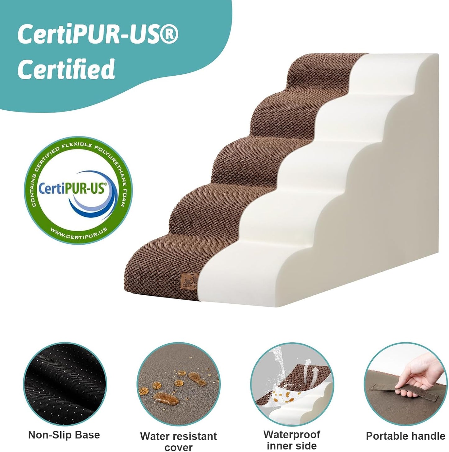 Dog Stairs for High Bed 22.6" H, Small Dog Step for Puppy, Older or Cat, Curved Ramp for Car, Ladder with High Density Foam, Lightweight, Durable, 15.7x33x22.6 inch, 5 Step, Brown