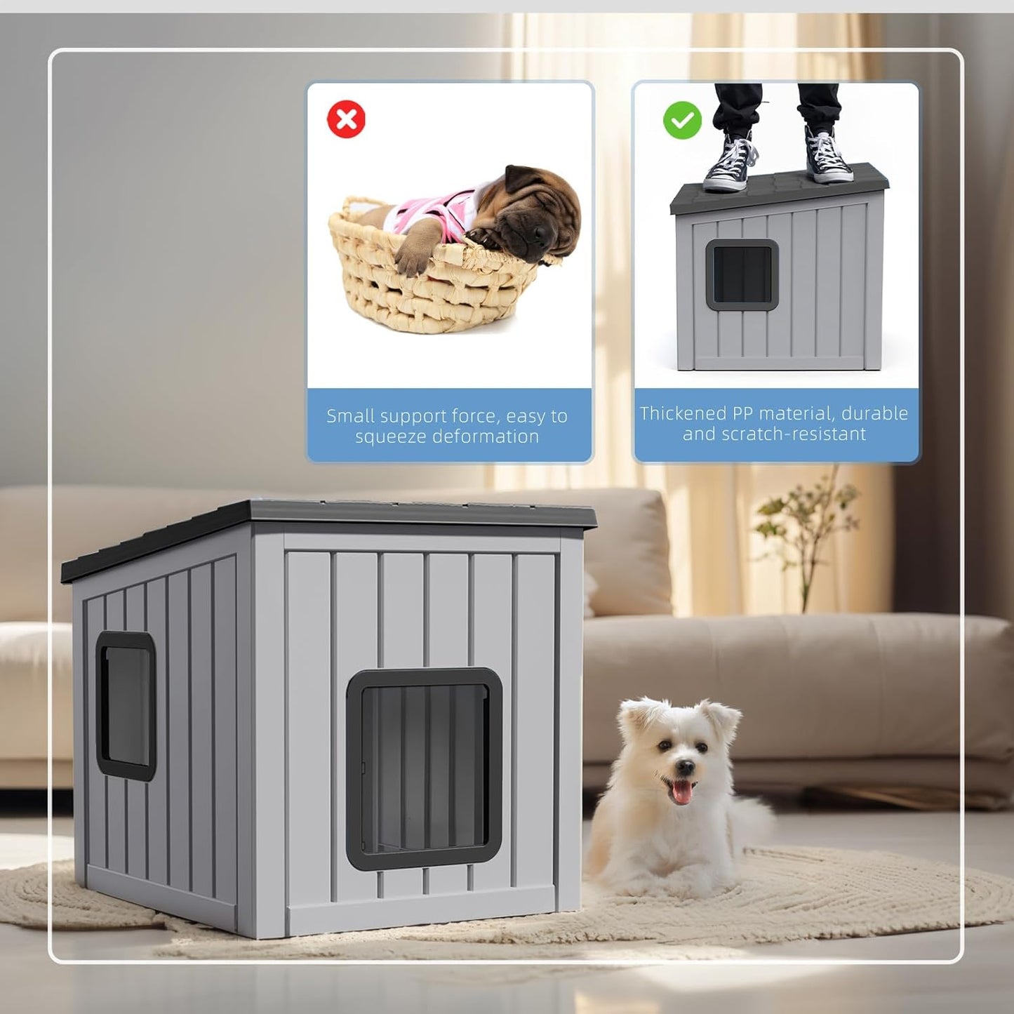 DRATO Dog House Indoor and Outdoor with Weatherproof Roof Removable Floors for Small to Middle Sized Dogs Easy to Assemble (Gray, 24.65 * 21.5 * 22.21)