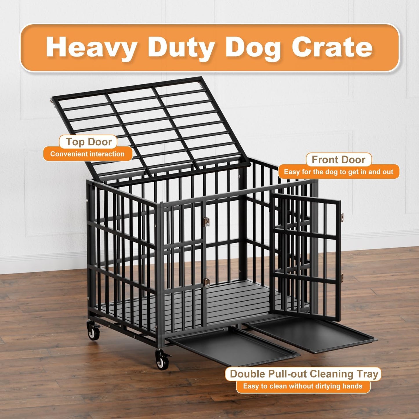38 Inch Heavy Duty Dog Crate with Wheels,Indestructible Escape-Proof Dog Kennel with Locking Latch and Double Door,Extra Large XL XXL Crate Indoor for Large and Medium Dog with Removable Tray