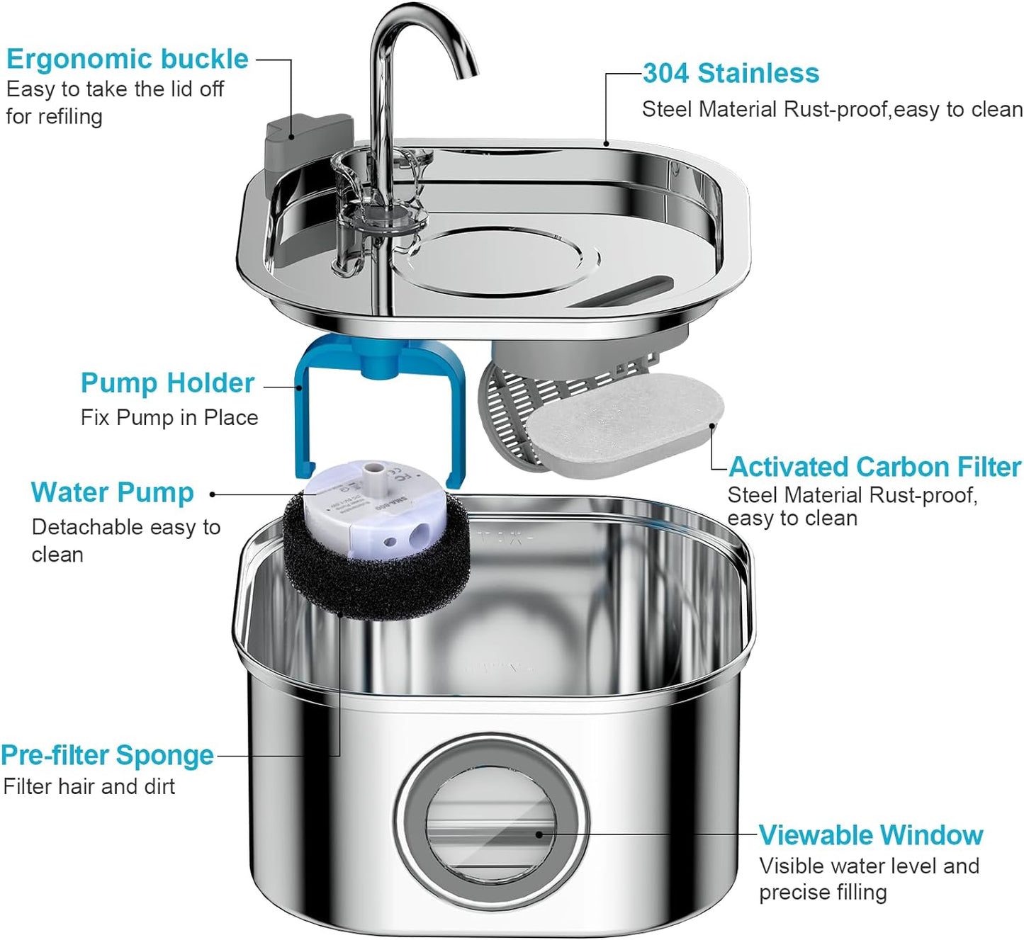 Cat Water Fountain Stainless Steel: 108oz/3.2L Automatic Pet Water Fountain - Dog Water Dispenser with Water Level Window - for Cats Inside with 8 Replacement Filters and 8 Sponges