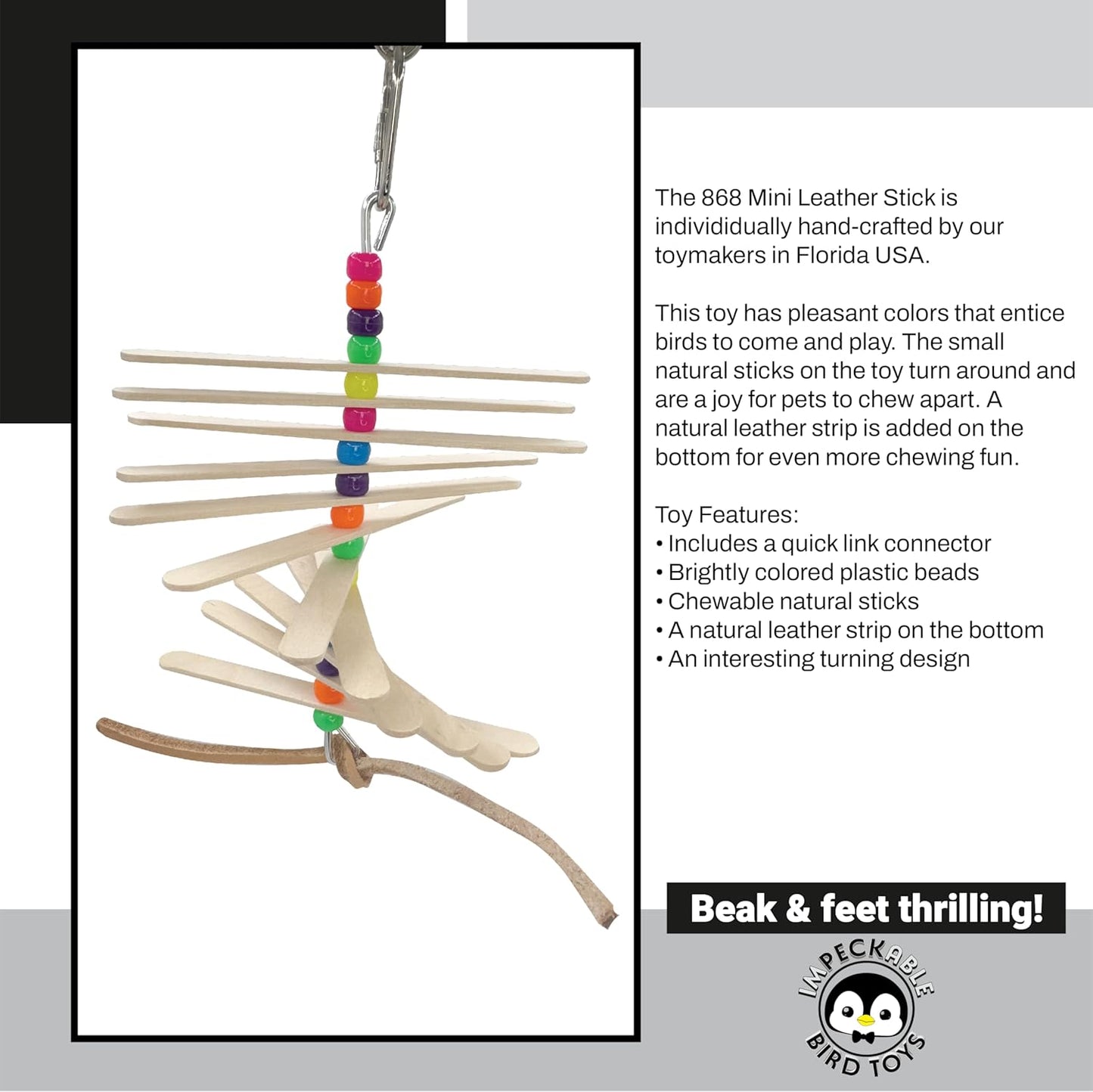 868 Mini Leather Stick - Handcrafted Shape Changing Bird cage Toy, Natural Skinny Sticks, Vegetable Tanned Leather Strip, Colorful Beads, Great for Small Size Pets Budgie Finch Lovebird Parrotlet