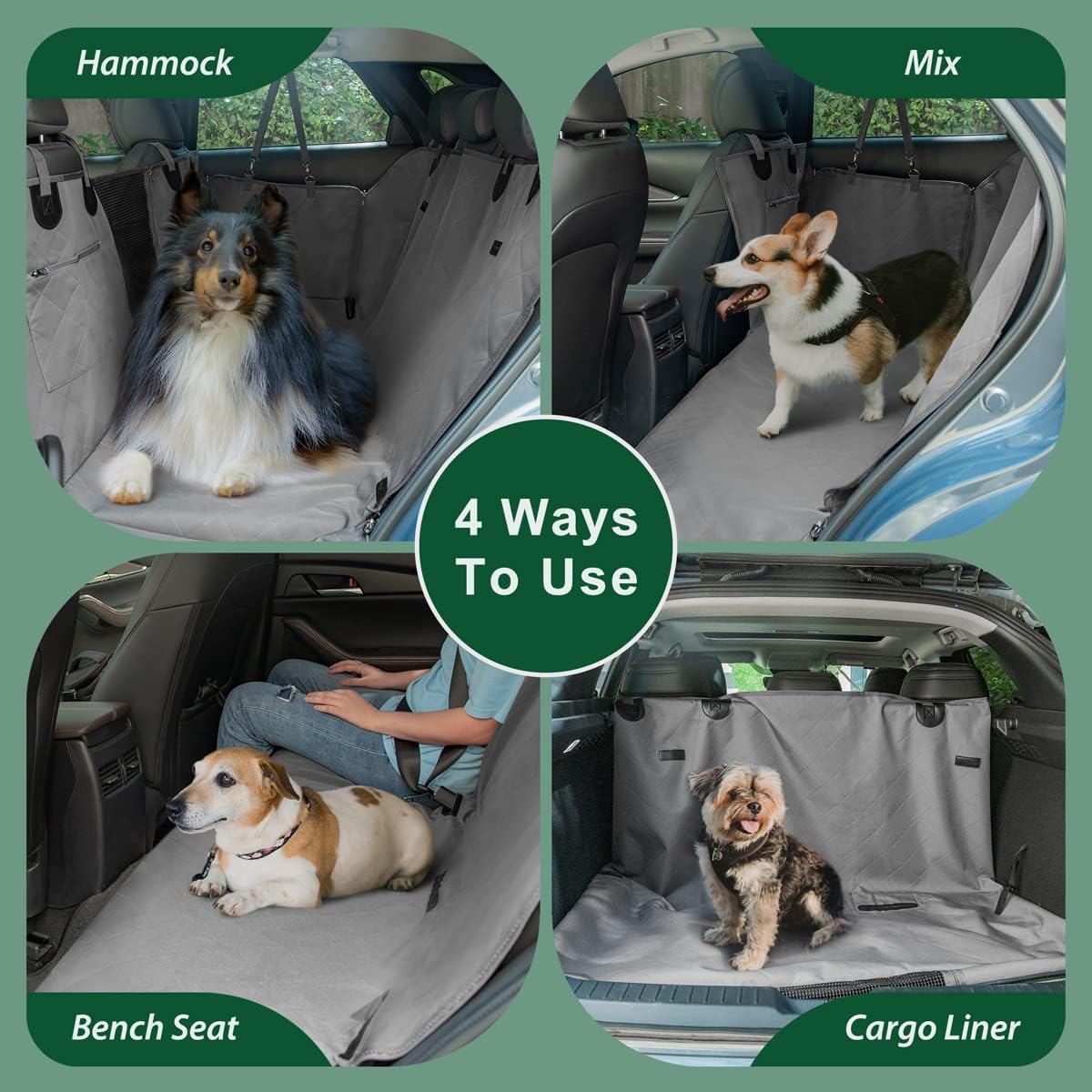 Dog Car Seat Cover for Back Seats 100% Waterproof with Metal Buckle Mesh Window Scratch Proof Heavy Duty Rear Backseat Protector Hammock for Pet, SUV Truck Vehicle Accessories, 54" x 58", Grey