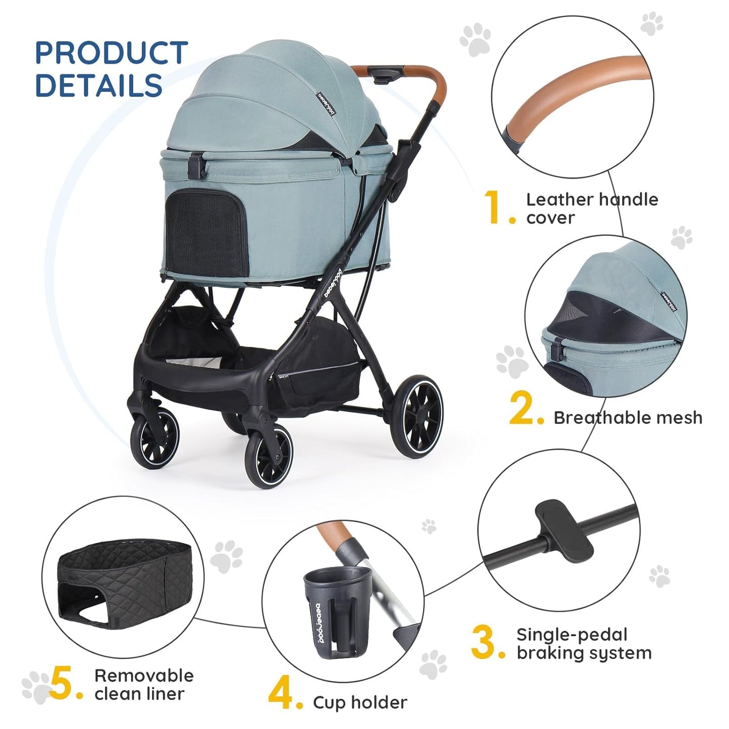 T5 Luxury Pet Stroller for Medium Dog Under 60lbs or 2 Small Dogs & Cats with 180 ̊Canopy, Sun Shades, Auto-Folding Stroller for Multiple Pets (Green)