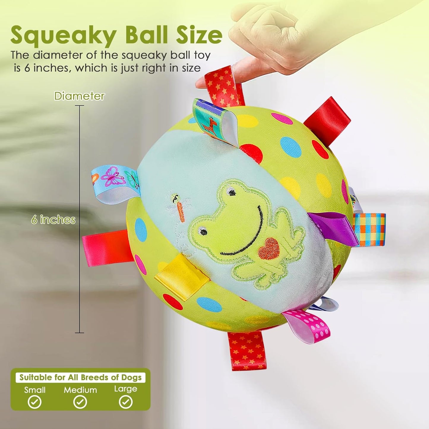Dog Squeaky Plush Toy with Straps, 6-Inch Soft Stuffed Ball with Cotton Material and Bell Built-in, Pet Interactive Fetch Toy for Small to Large Dog