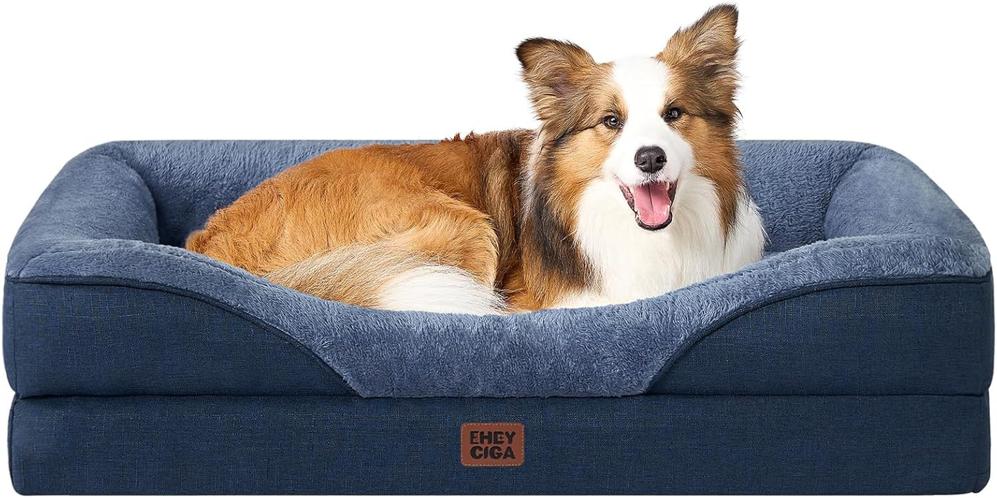 EHEYCIGA Memory Foam Dog Bed for Large Sized, Orthopedic Dog Sofa with Sides and Waterproof Liner, Washable Bolster Pet Couch with Removable Cover, 36x27x7 Inch, Navy