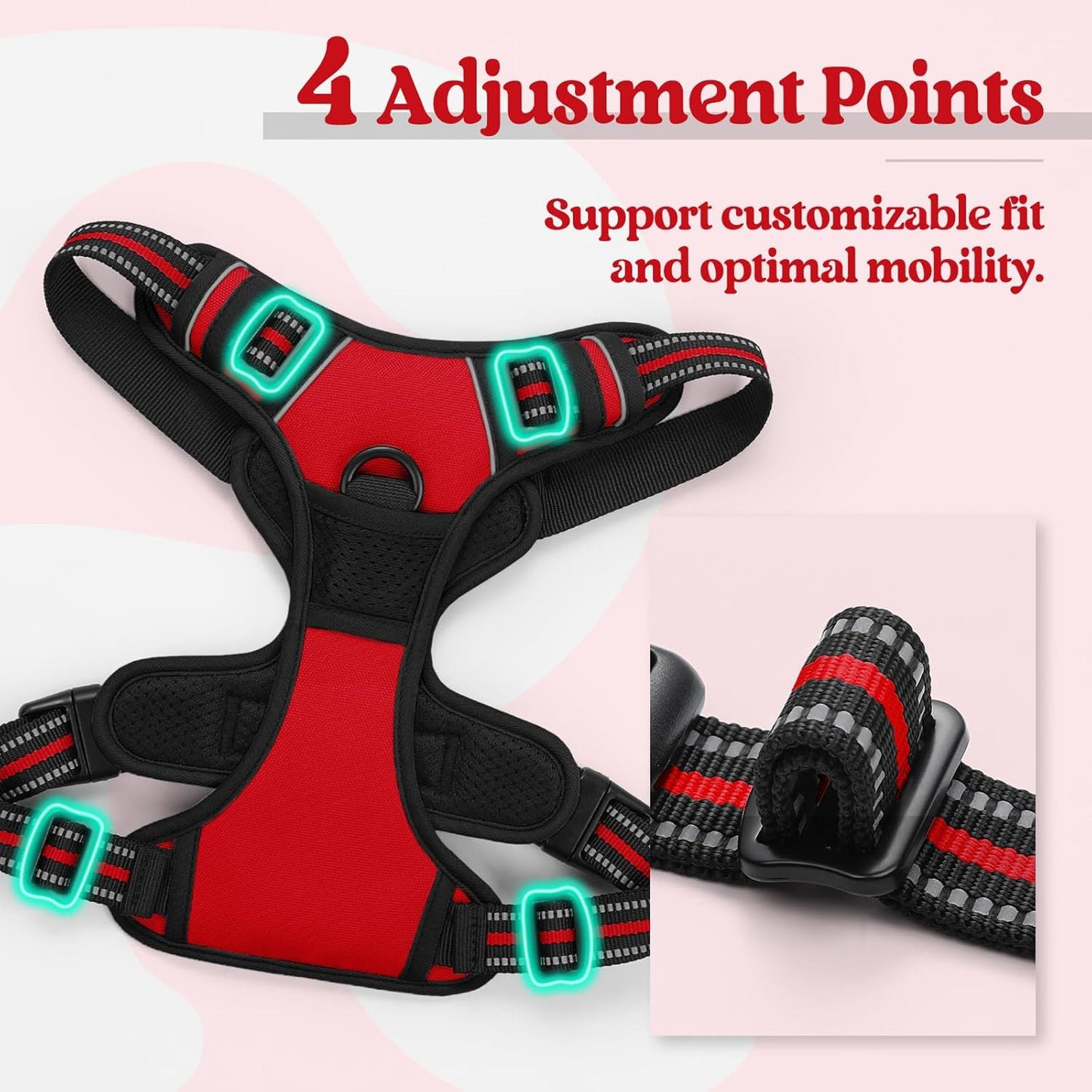 rabbitgoo Dog Harness No Pull with 2 Leash Clips, Adjustable Soft Padded, Reflective Oxford No Choke Pet Vest with Easy Control Handle for Large Dogs, Red, XL