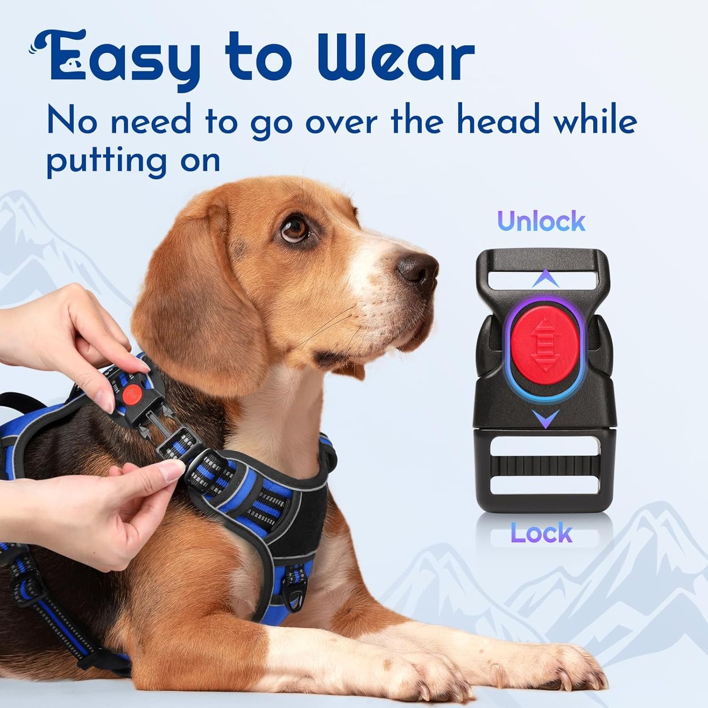 Eagloo Dog Harness for Large Dogs, Easy Wearing with 3 Buckles, Adjustable No Pull Pet Harness with 2 Rings for Walking, No Chock Reflective Soft Padded Vest with Control Handle, Blue & Black, XL