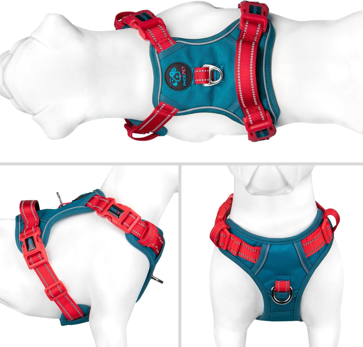 PHOEPET No Pull Dog Harness, Unique Colors Reflective Adjustable Dog Vest, with Soft Training Handle Metal Clips for Small Medium Large Dogs (Teal Base & Red Straps,L)
