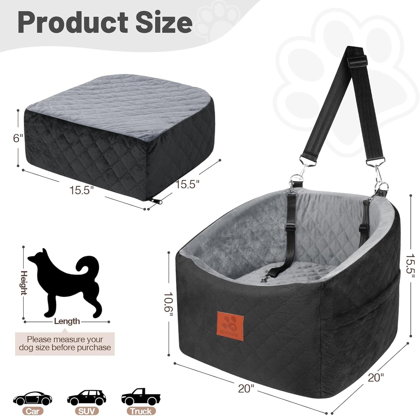 Dog Car Seat for Small Medium Dogs, Memory Foam Booster Car Seat for Dogs up to 35 lbs, Elevated Pet Car Seat with Washable Removable Cover and Storage Pockets (Black/Gray)