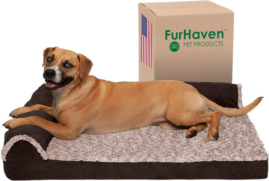 Furhaven Cooling Gel Dog Bed for Large/Medium Dogs w/ Removable Bolsters & Washable Cover, For Dogs Up to 55 lbs - Two-Tone Plush Faux Fur & Suede L Shaped Chaise - Espresso, Large