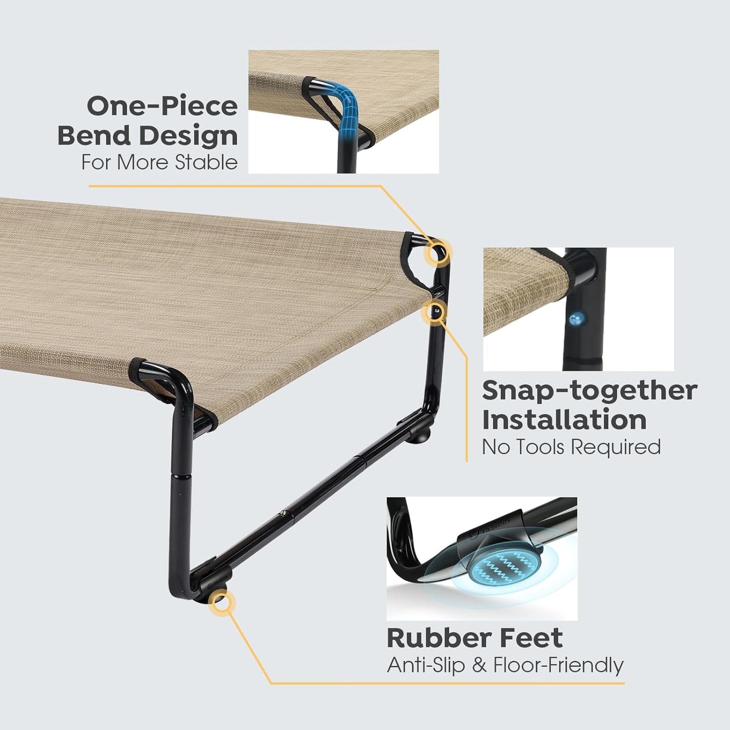 Veehoo Original Outdoor Elevated Dog Bed, Cooling Raised Dog Cot for Large Dogs, Portable Standing Pet Hammock Platform with Washable Breathable Mesh, No-Slip Feet, 43" x 30", Beige Coffee