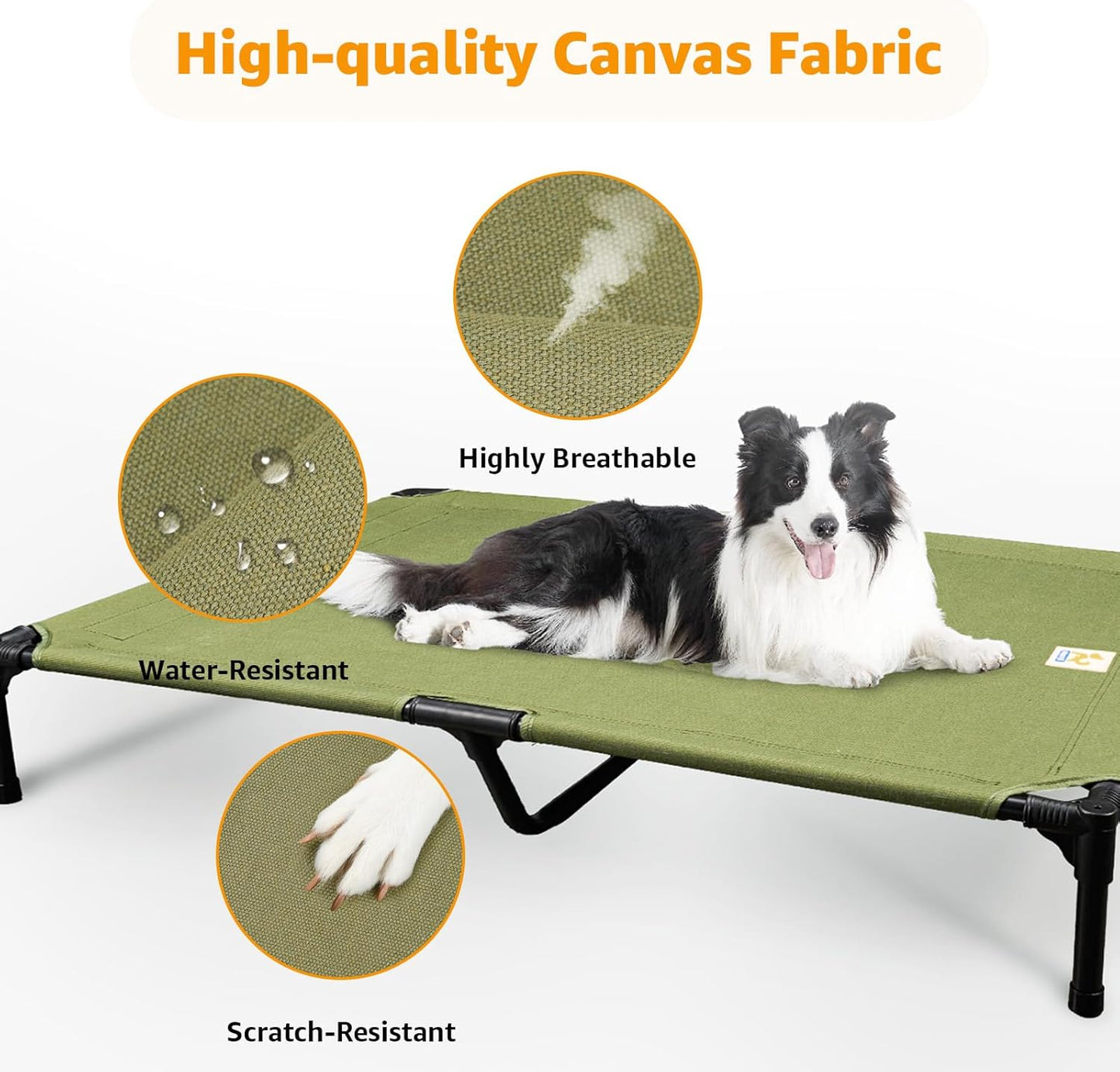 Sytopia Canvas Elevated Dog Bed, Durable Chew Proof Outdoor Raised Pet Cot for Large Dogs, Waterproof, Breathable, Portable, Washable, Easy Assembly, Sturdy Frame for Camping & Travel, Green