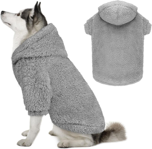 Fuzzy Dog Sweaters for Large Dogs Dog Hoodie Soft Double-Sided Plush Pet Sweater Fleece Clothes Coats Pet Hoodie Sherpa Hooded Sweatshirt(Grey-XL)
