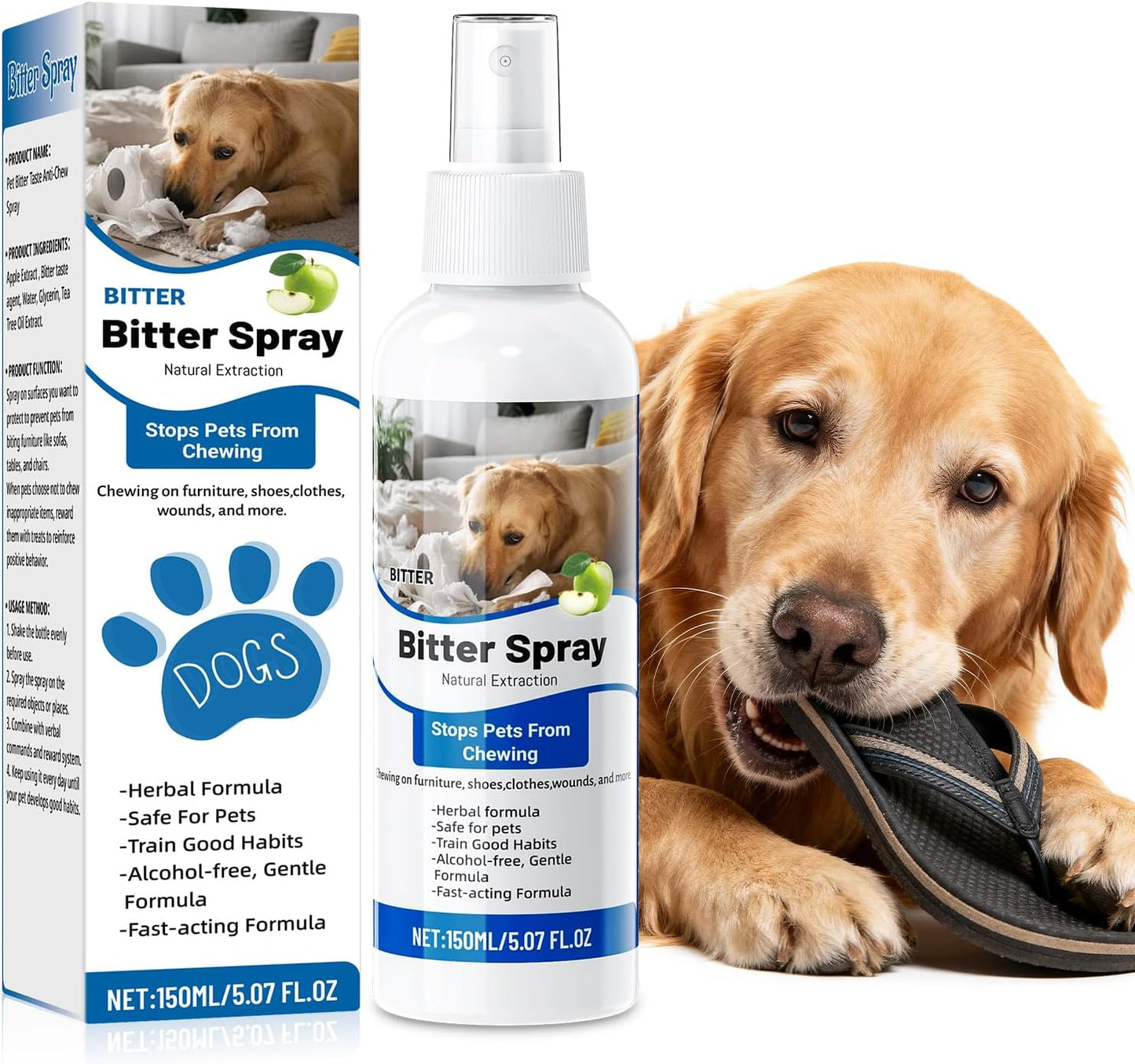 Bitter Apple Spray for Dogs to Stop Chewing | Natural Non-Toxic No Chew Spray for Dogs 150ml, Dog Training & Behavior Aids Chew Deterrent | Stop Licking Wounds | Protect Furniture Shoes