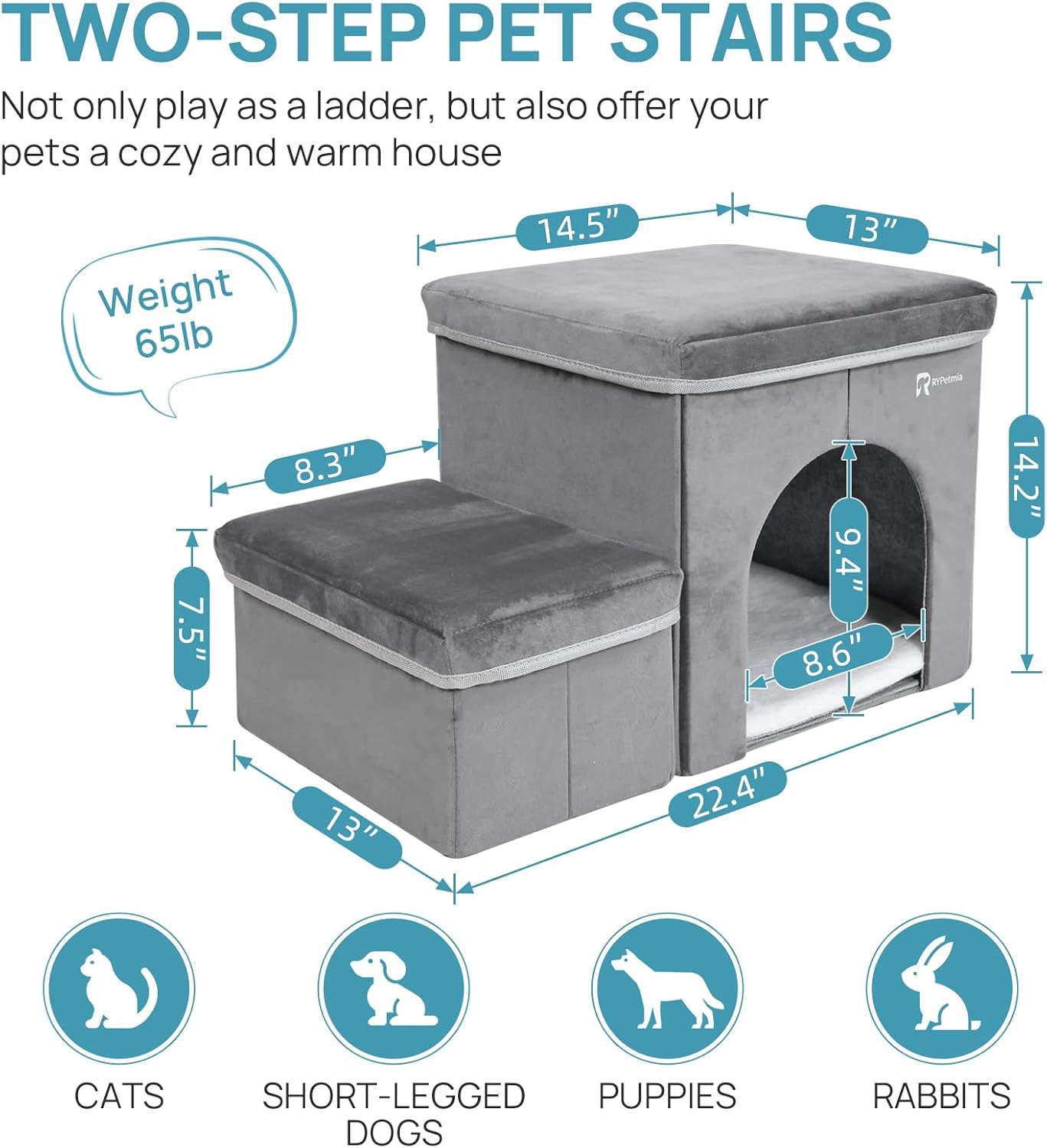 Foldable Pet Stairs for Beds & Sofas - Non-Slip Dog Steps with Storage for Small to Medium Dogs & Cats, Supports up to 120 lbs - Durable 2 & 3-Step Doggie Ladder for Easy Access