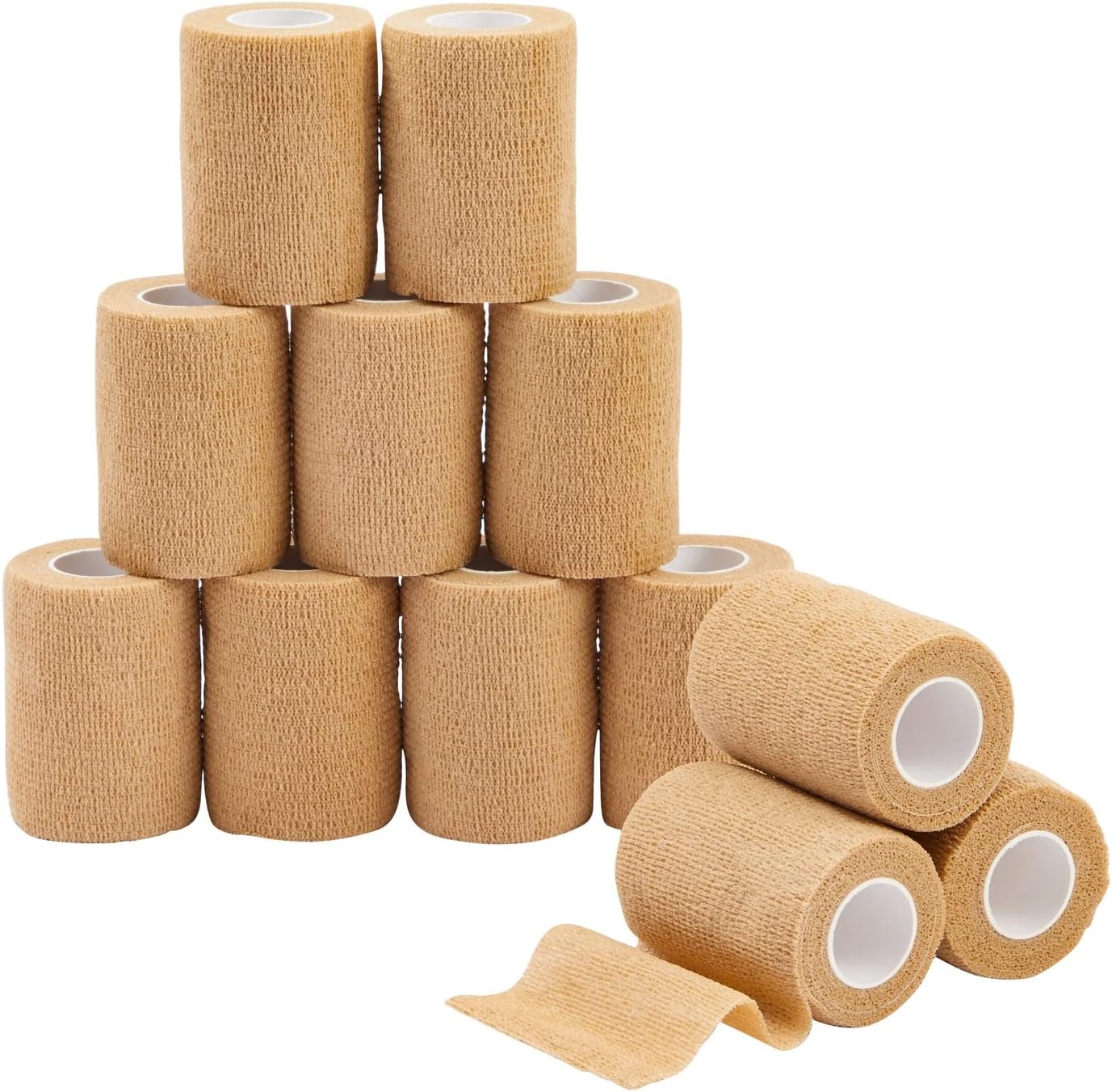 12-Rolls Self Adherent Bandage Wrap, Vet Tape - 3 in x 5 Yds Breathable, Elastic Cohesive Wrap Tape for Wrist, Swelling, Sports, Tattoo (Tan)