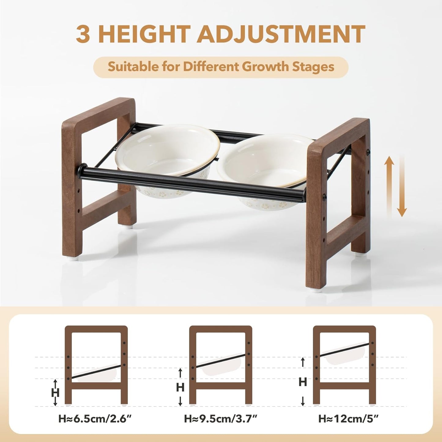 5.5inch Ceramic Adjustable Raised Double Bowls Set with Stand, 3 Heights Elevated, 2 Placement Options,Food and Water Dishes for Puppy, Cats（Double Bowls+Stand, Reactived Glaze -White