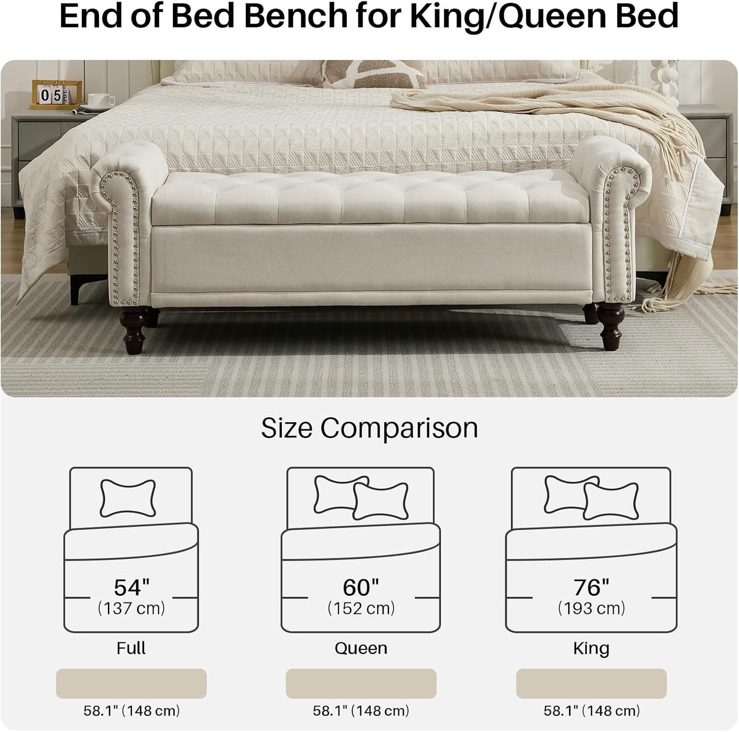58.1'' Storage Bench Upholstered Linen End of Bedroom Bed Bench Ottoman with Tufted Cushioned Rolled Arm Large Storage Space for Reading Living Room Entryway, Beige